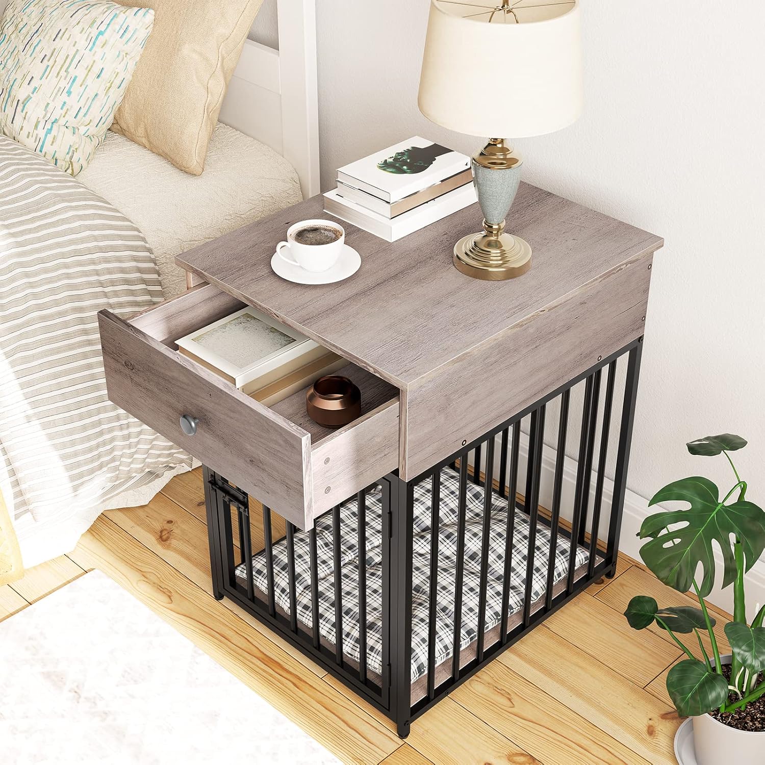 HOOBRO Dog Crate Furniture, Wooden Dog House, Decorative Dog Kennel with Drawer, Indoor Pet Crate End Table for Small Dogs, Steel-Tube Puppy Cage, Chew-Proof, Greige BG01GW03