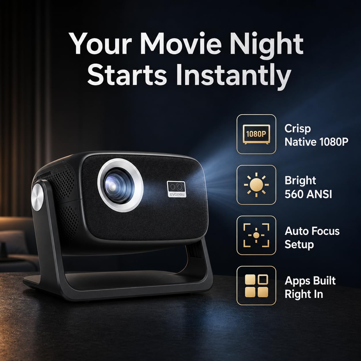 [Built in APP & Auto Focus] Native 1080P 4K Support Projector with Bluetooth 5.4 and Wifi 6 Portable Full HD, 180° Ceiling Rotation, Auto Keystone Real 560 ANSI Movie Projector for Bedroom, Outdoor