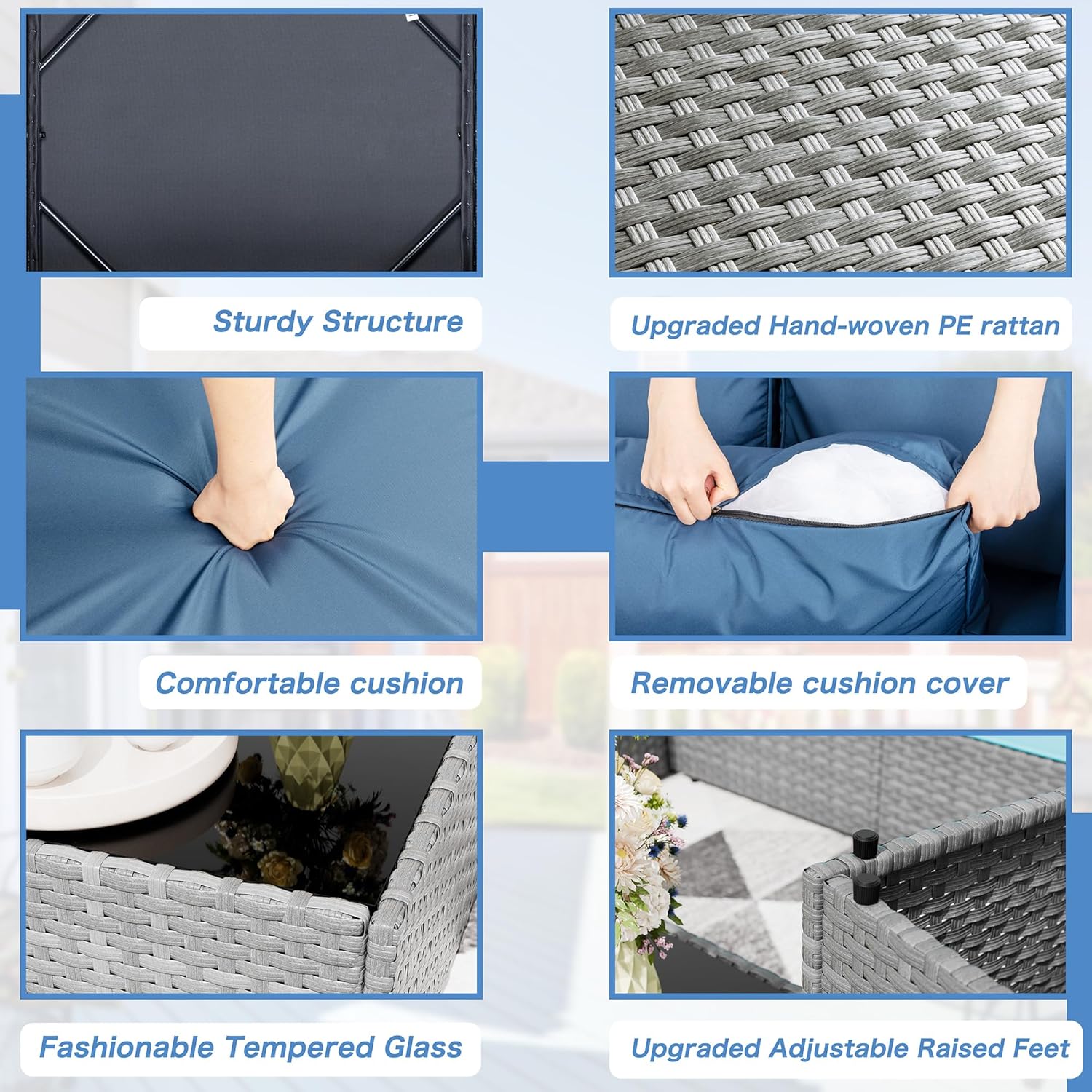 Patio Furniture Sets, 5-Piece Outdoor Sectional Sofas, Wicker Rattan Outdoor Furniture Patio Conversation Set, All-Weather PE Rattan Outdoor Couch for Backyard, Garden, Gray & Aegean Blue