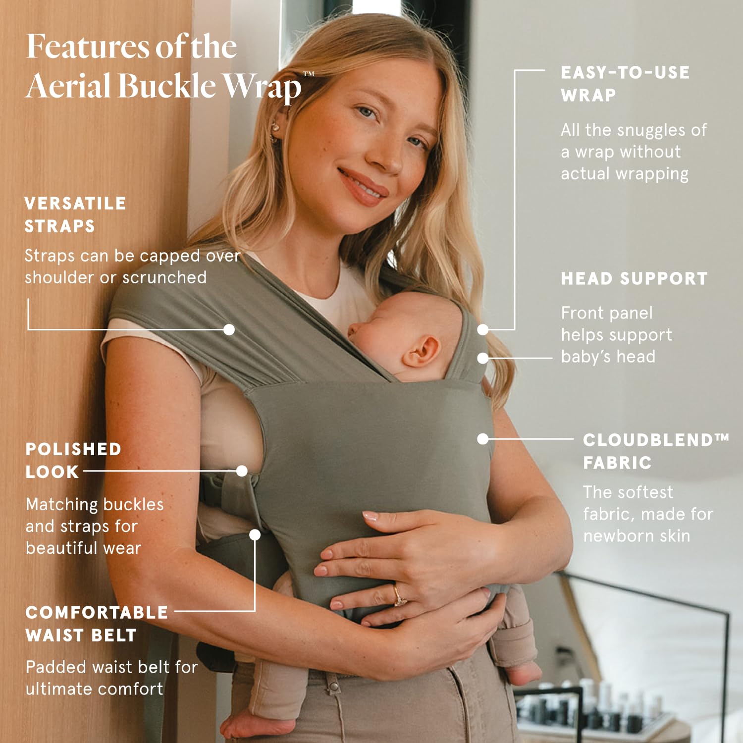 WildBird - Aerial Buckle Wrap - 0-6 Months - Standard (XS-XL) Acadian - Newborn Baby Carrier - Front Carry - Soft Fabric, Straps, Head Support, Padded Waist Belt - Baby Essentials - New Mom Gifts