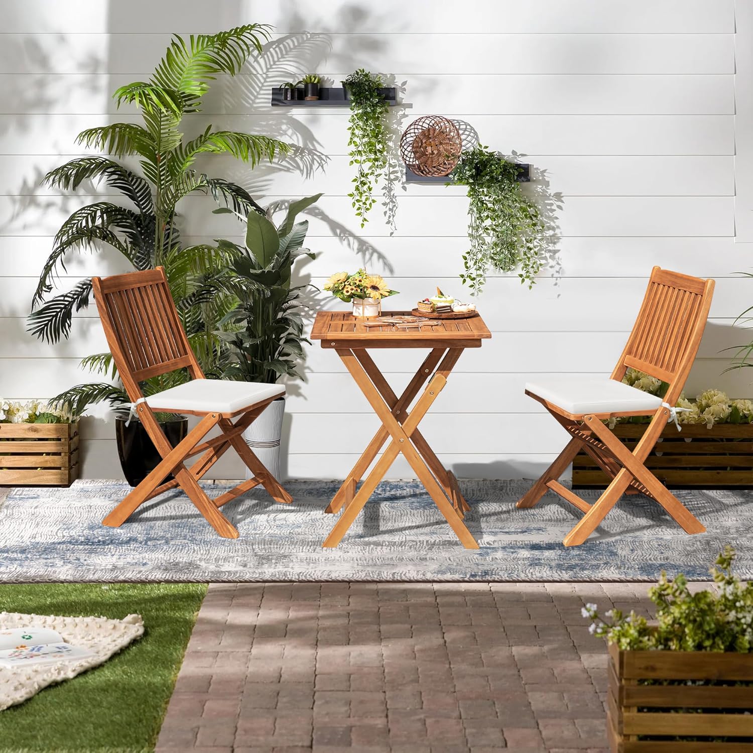 Devoko Outdoor 3 Piece Folding Patio Bistro Set Acacia Wood Bistro Table and 2 Chairs Set for Garden, Poolside, Backyard, Balcony, Porch, Deck
