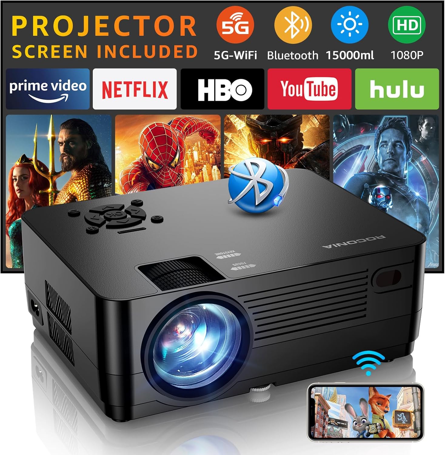 Projector with 5G WiFi and Bluetooth, Native 1080P Projector [Projector Screen Included], Full HD 18000LM Movie Projector, 100