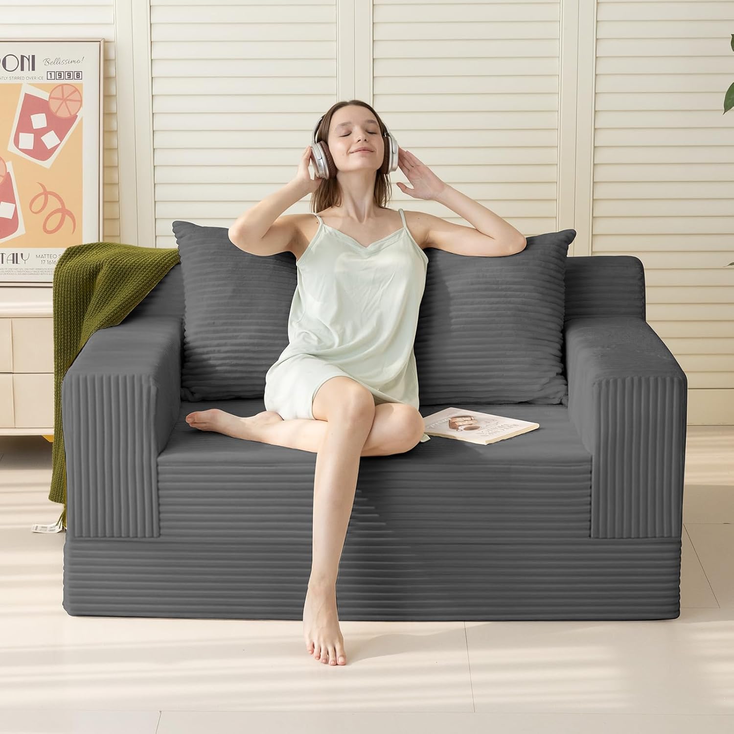 Erament Convertible Sofa Bed, Loveseat Folding Floor Futon Sleeper Sofa Couch Bed- Boneless Foldable Couch, Corduroy Pull Out Sofa Bed with 2 Pillows for Living Room & Bedroom