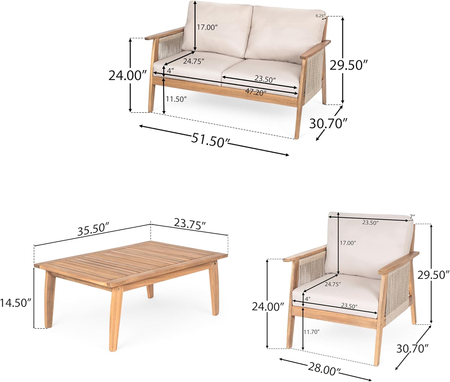 Merax Outdoor 4-Piece Acacia Wood & Rope Sectional Patio Set, Loveseat, Chair & Table with Water-Repellent Cushions