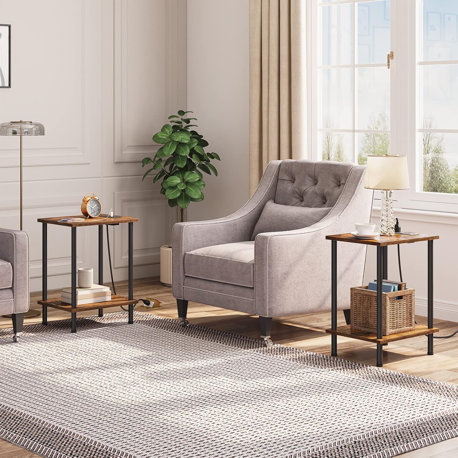 HOOBRO Side Table with Charging Station, Set of 2 End Tables with USB Port and Outlets, Nightstand with 2-Layer Storage Shelves for Small Spaces, Living Room, Bedroom, Rustic Brown BF09UBZP201