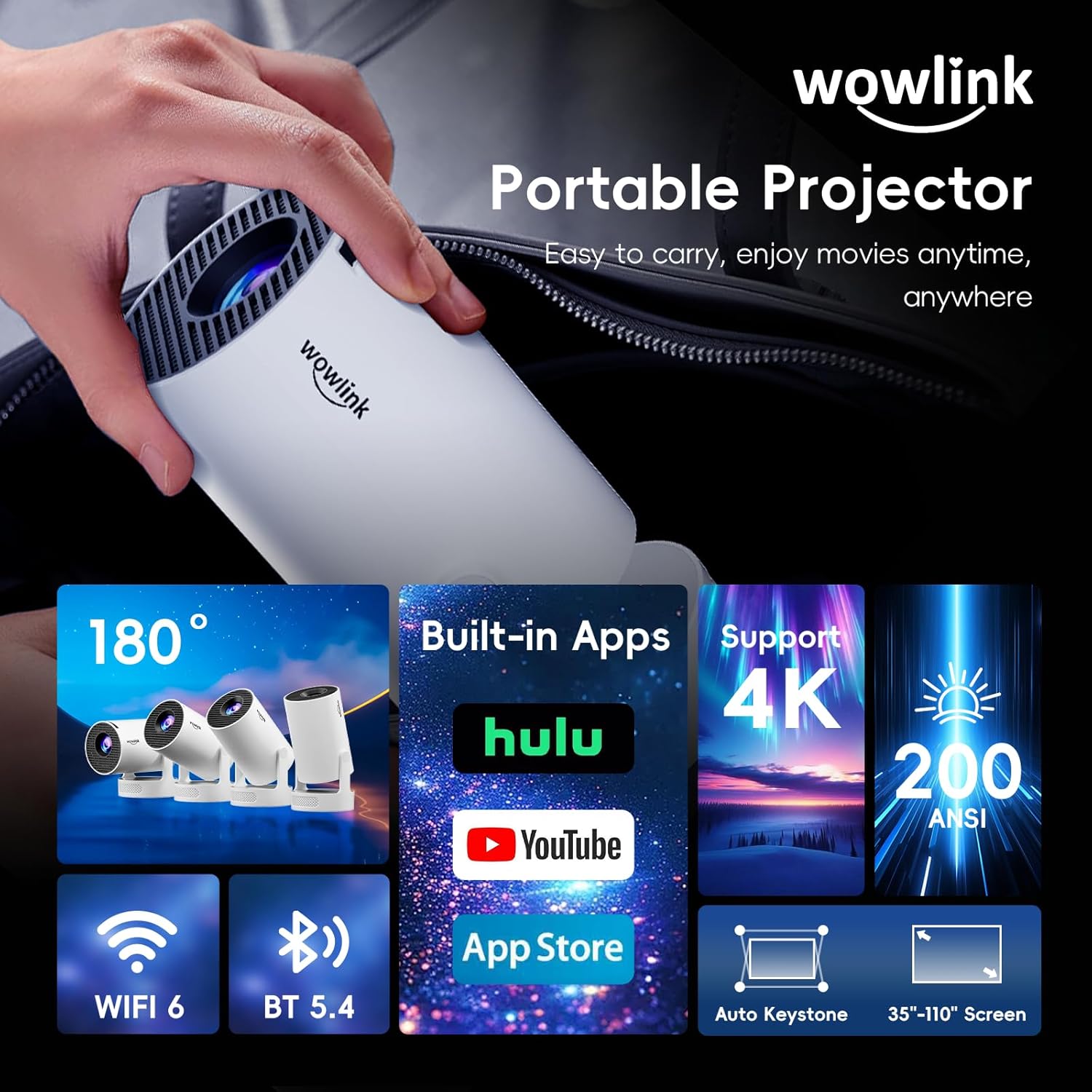 [Built-in Apps & 2026 Upgraded] Mini Projector with WiFi 6 and Bluetooth 5.4 Support 4K 1080P Auto Keystone 180° Rotatable Portable Projector Compatible with HDMI/TV Stick/Memory Stick/Laptop, White