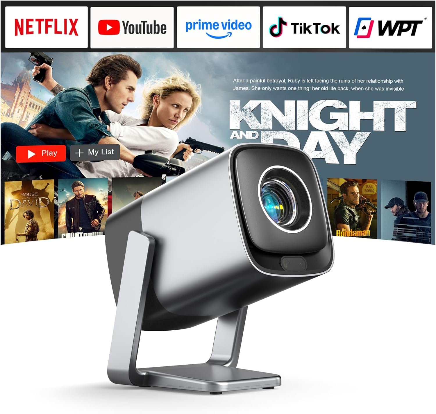 [Compatible with Netflix & TOF Real-time Focus] Mini Projector with WiFi and Bluetooth, XuanPad Silver Smart Projector 4K Support, Dolby Audio & Keystone, 210° Rotatable Stand for Home