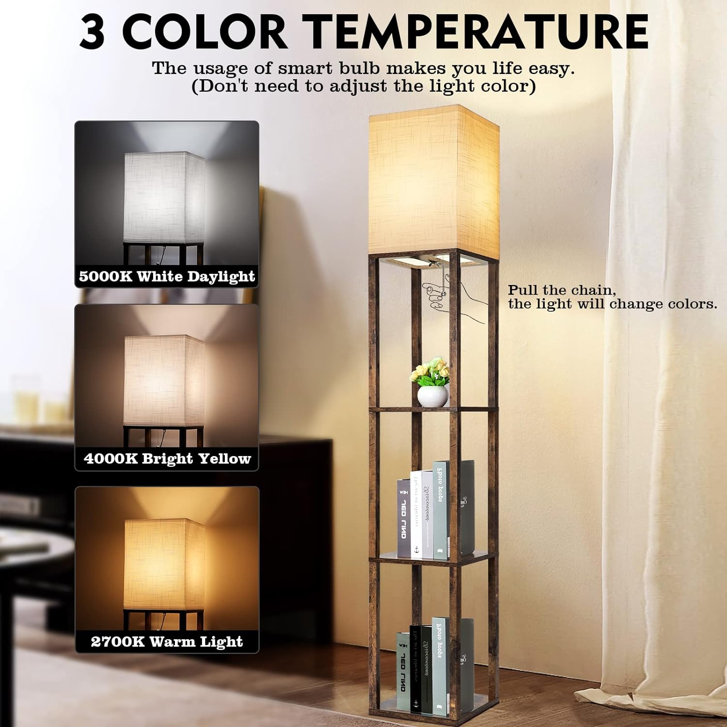 RUNTOP Floor Lamp with Shelves, Modern Shelf Lamp for Display Storage, 3 Color Temperature Wood Narrow Standing Corner Lamp with 8W Bulb for Living Room Decor, Bedroom, Office, Home Decor (Brown)