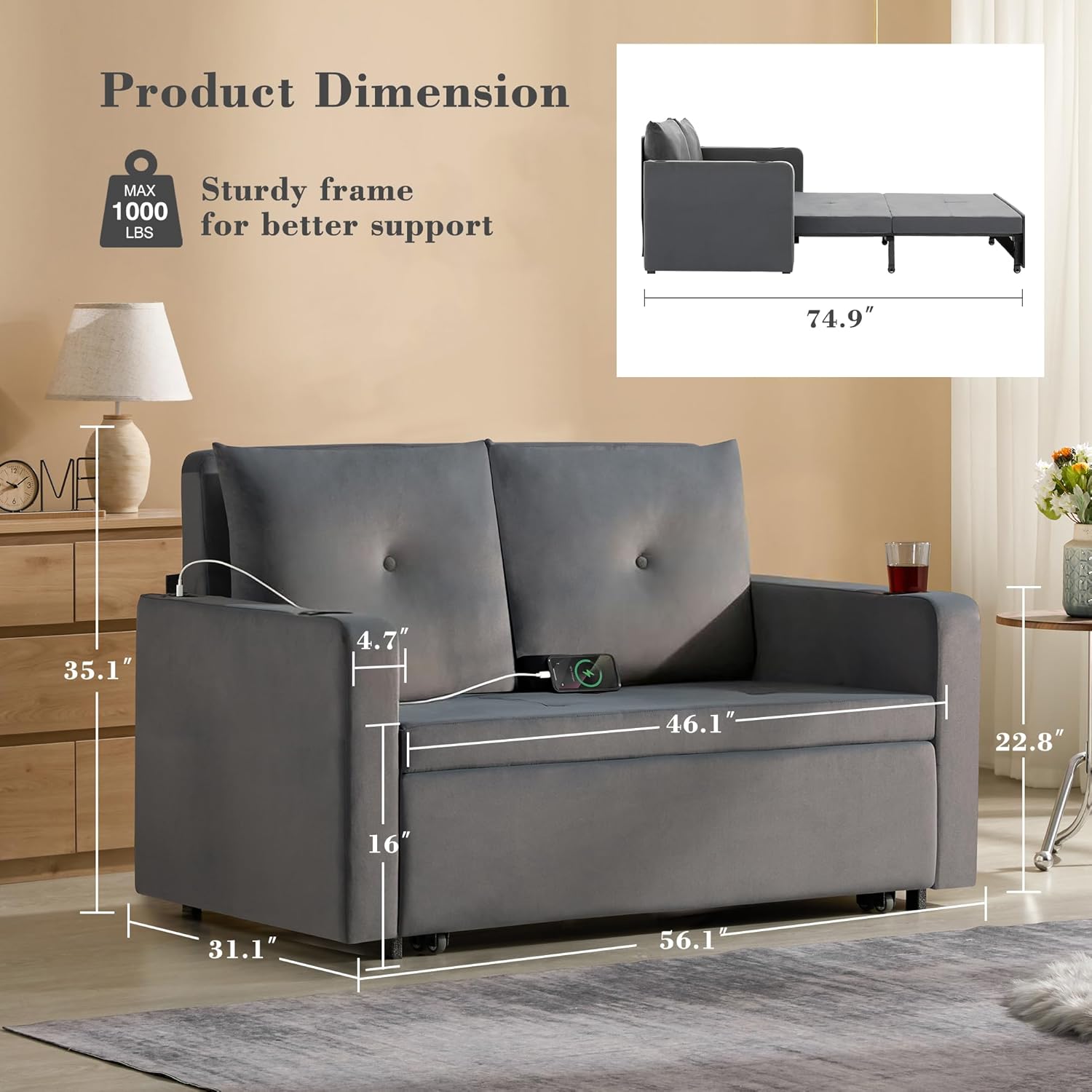 Krcix 3 in 1 Pull Out Couch, 56 Inch Velvet Sofa Bed, Convertible Loveseat Sleeper Sofa for Living Room, Small Space, Upholstered Couch Bed with USB, Cup Holder (Grey)