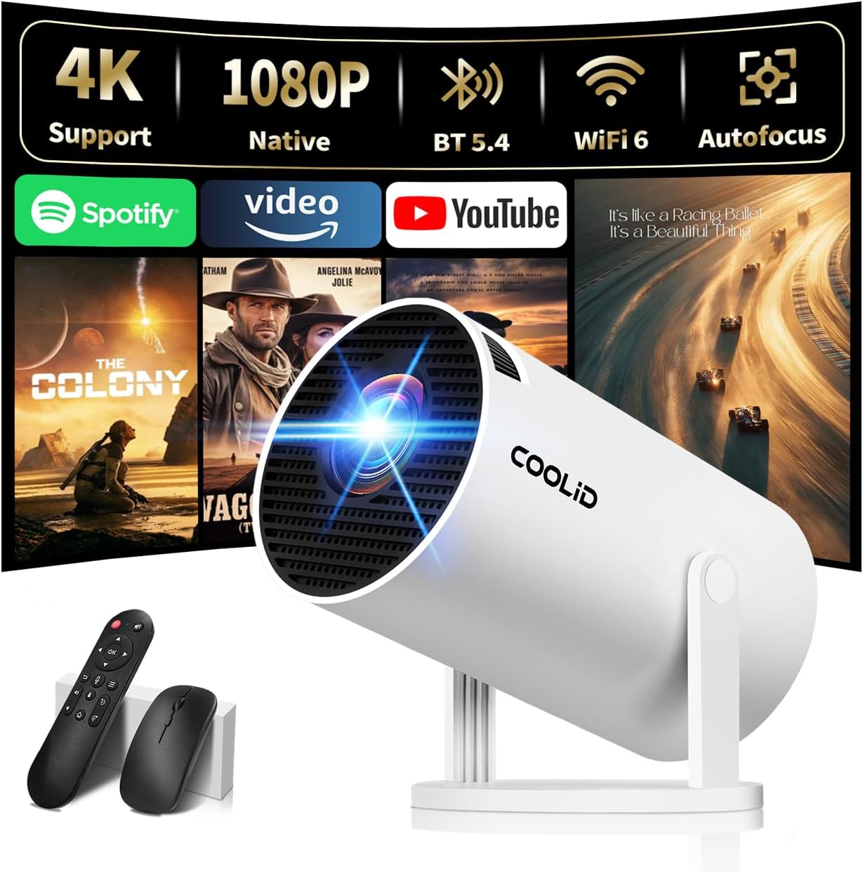 [Built-in Apps & 2026 Upgraded] Mini Projector Supports 4K 1080P Auto Keystone 180° Rotatable with WiFi 6 and Bluetooth 5.4, Portable Projector Compatible with HDMI/TV Stick/Memory Stick/Laptop-White