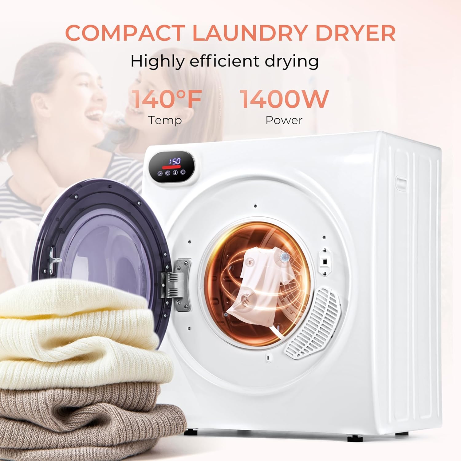 Euhomy 2.65 Cu.Ft Portable Dryer with Exhaust Hose, Clothes Dryer with Four Functions, 1400w Dryer Machine with Stainless Steel Drum, Suitable for Apartments, RVs, Gym