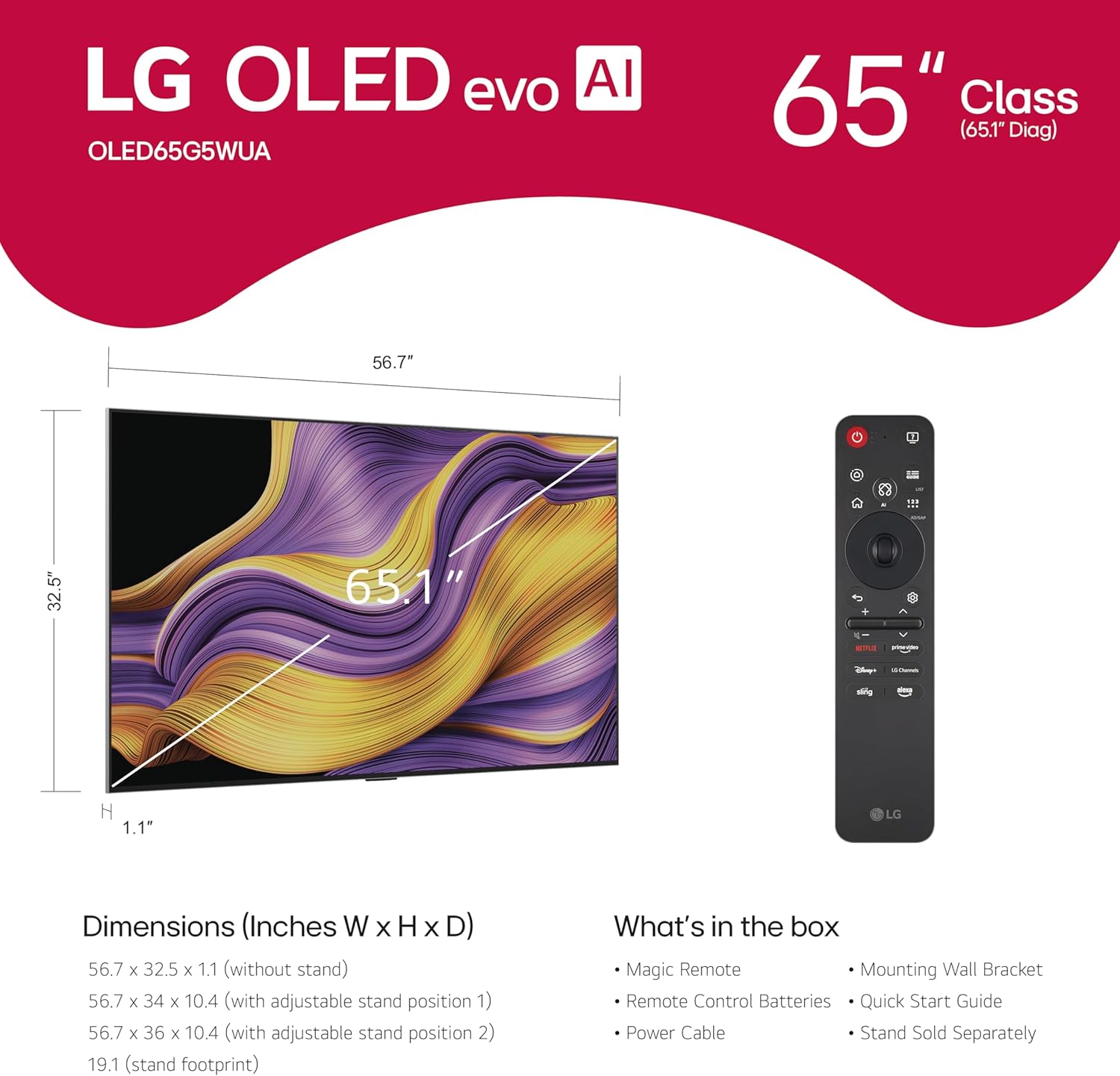 LG 65-Inch Class OLED evo AI Super Upscaling 4K G5 Series Smart TV w/Dolby Atmos & Vision, HDR10, Filmmaker Mode, Wow Orchestra, Alexa Built-in (OLED65G5WUA, 2025)