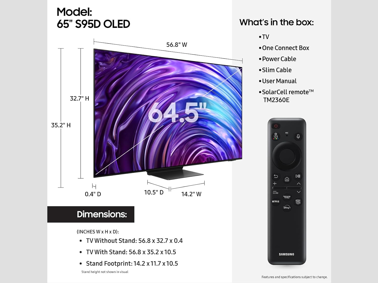 Samsung 65-Inch Class OLED 4K S95D Series HDR Pro Smart TV with Dolby Atmos, Object Tracking Sound+, Motion Xcelerator, Real Depth Enhancer, 4K AI Upscaling, Alexa Built-in (QN65S95D, 2024 Model)