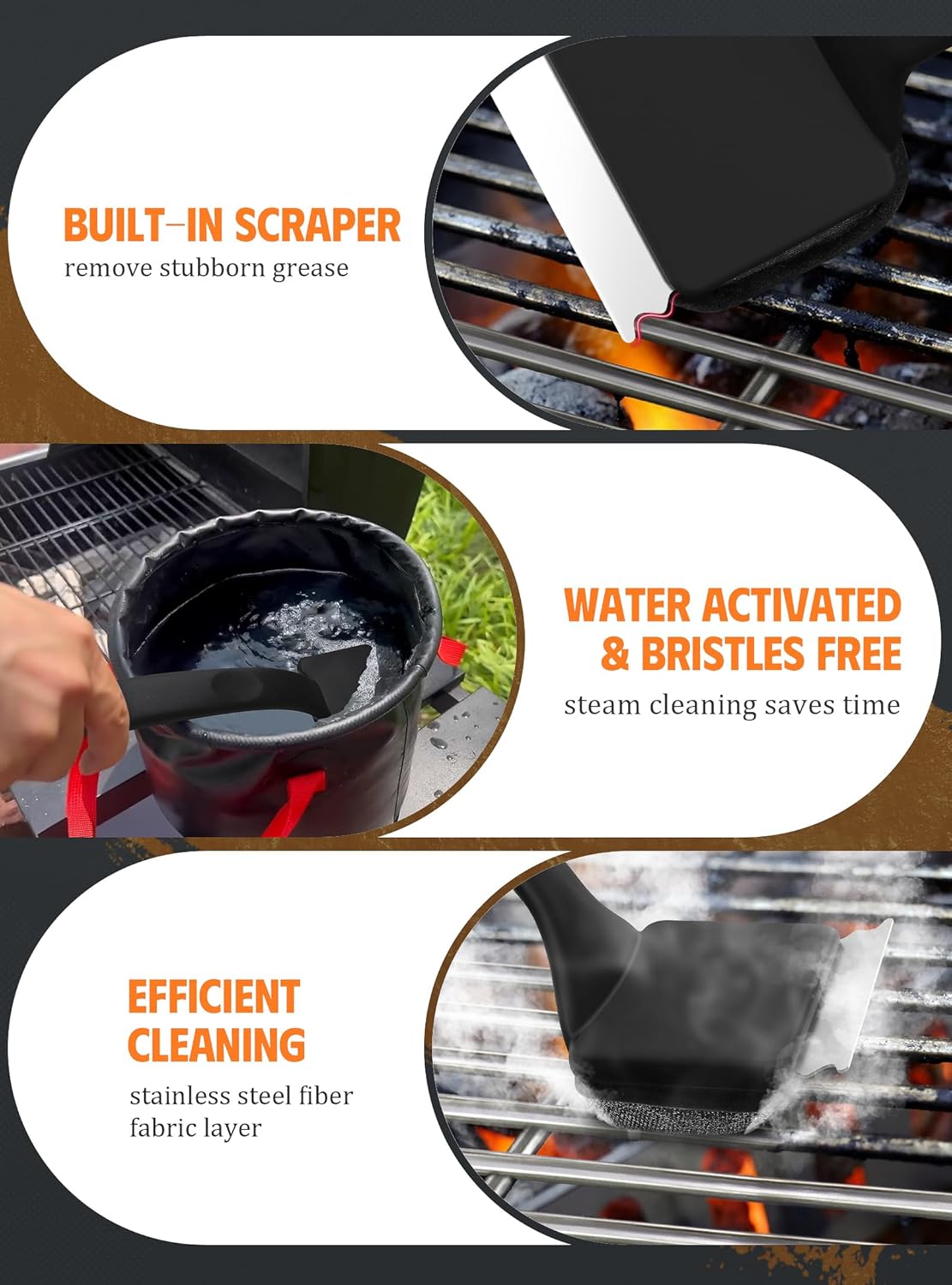 MEKER Grill Brush Bristle Free, Grill Cleaner Brush with 5 BBQ Replacement Heads for Cast Iron, Stainless Steel Grates, Safe Grill Scraper for Outdoor BBQ Grill, Black