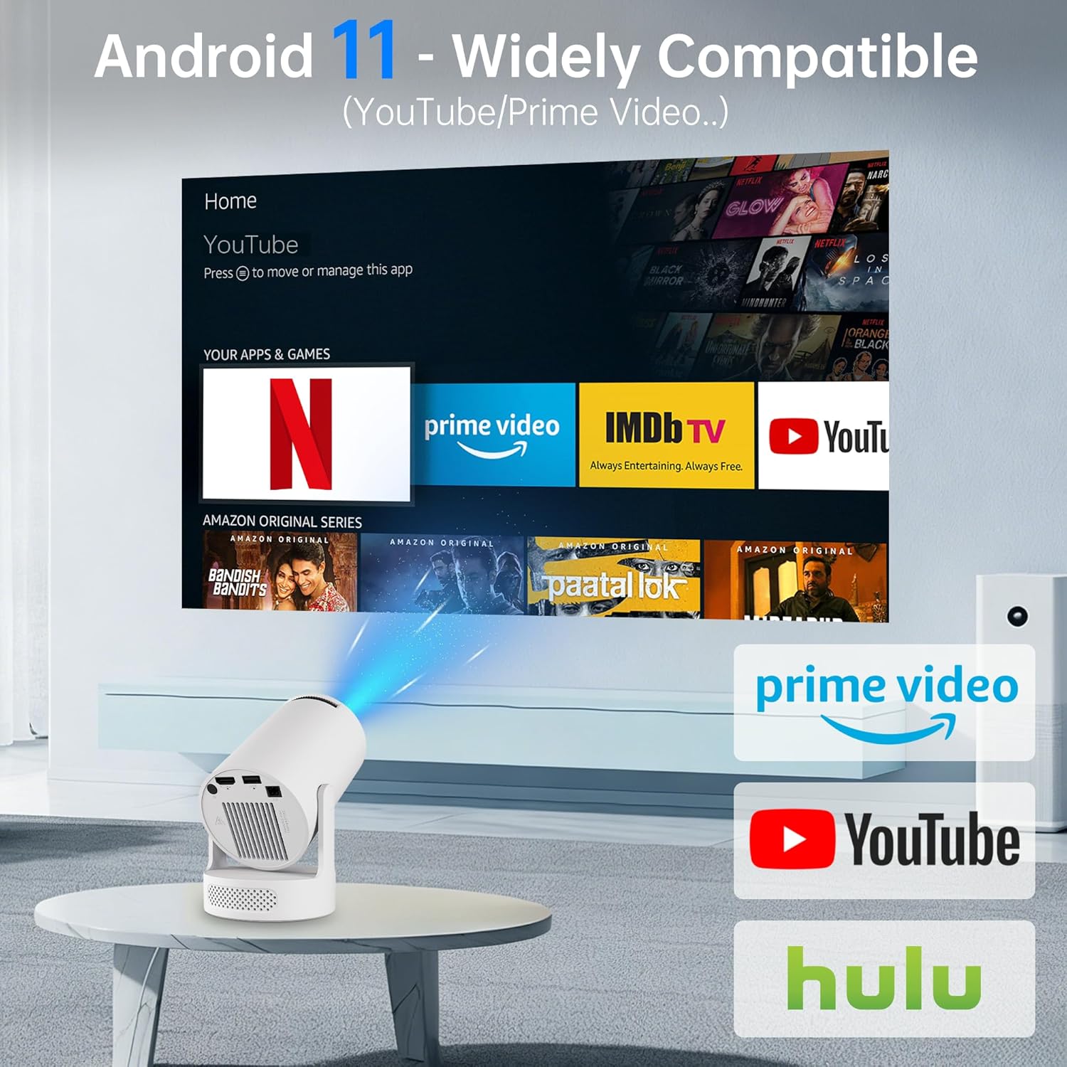 【Built-in Apps】Mini Projector with Wifi and Bluetooth, Supports 4K, Portable Projector, 5W Sound Base Speaker, 200 ANSI, Android, Auto Vertical Keystone 210° Rotatable Projector