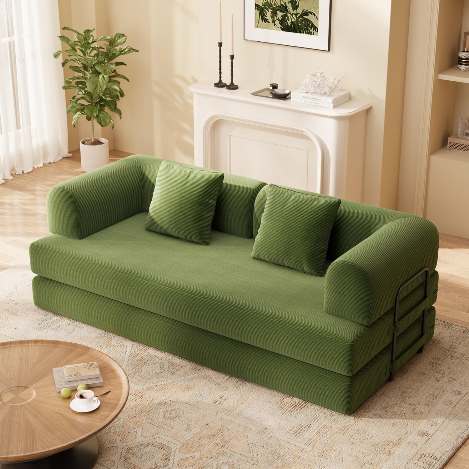 Ahomly 78.8'' Convertible Sofa Bed, 5-in-1 Boneless Couch with Removable Armrests, Folding Futon Sofa Bed Includes 2 Pillows, Comfortable Pull-Out Couch for Living Room, No Assembly Required, Green