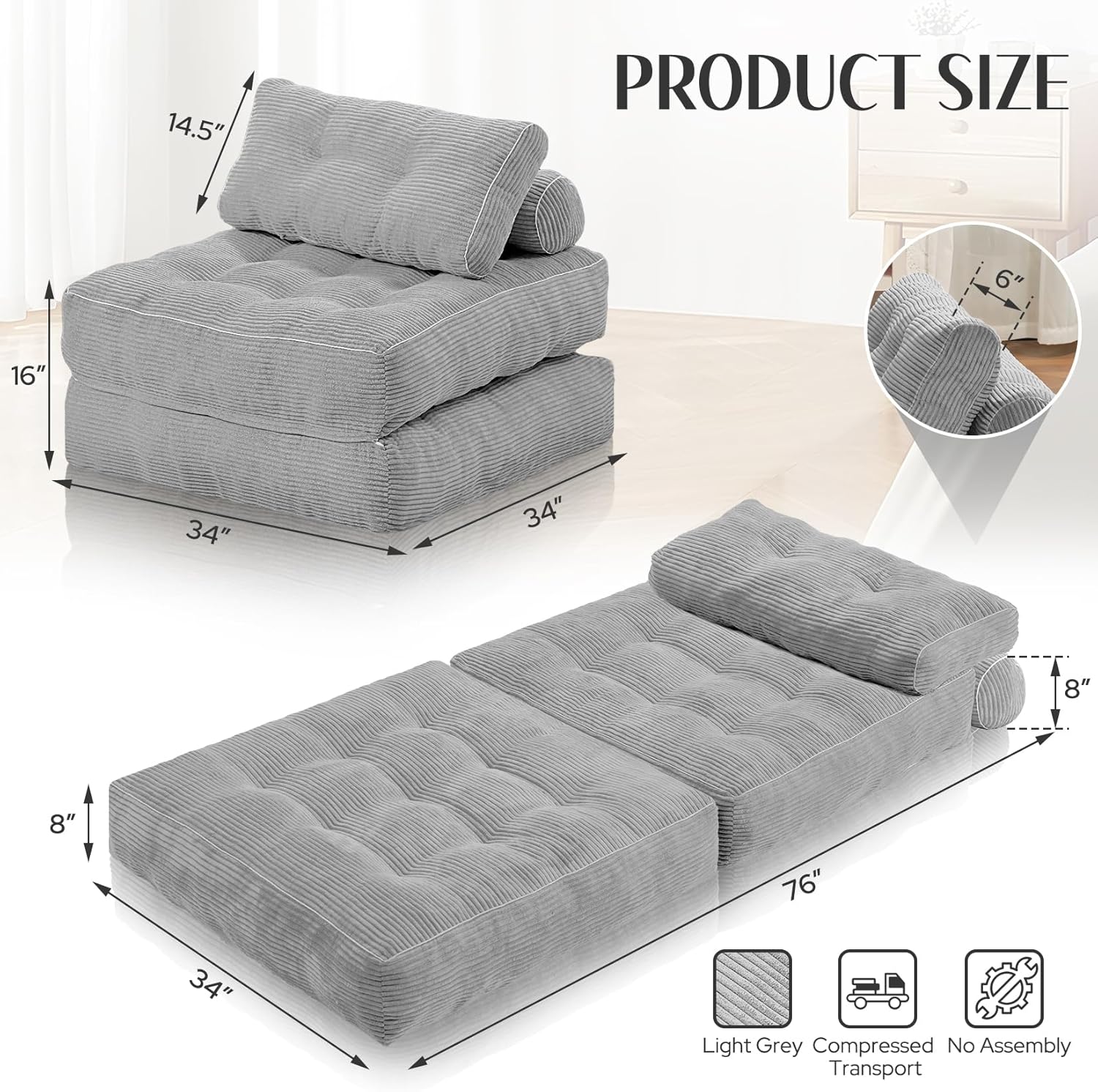 HABUTWAY Folding Sofa Bed, Convertible Sleeper Chair Bed with Dual Pillows & Handle, Foldable Floor Sofa Lounge with Back Support for Living Room, Bedroom, Apartment, Office, Single, Light Grey
