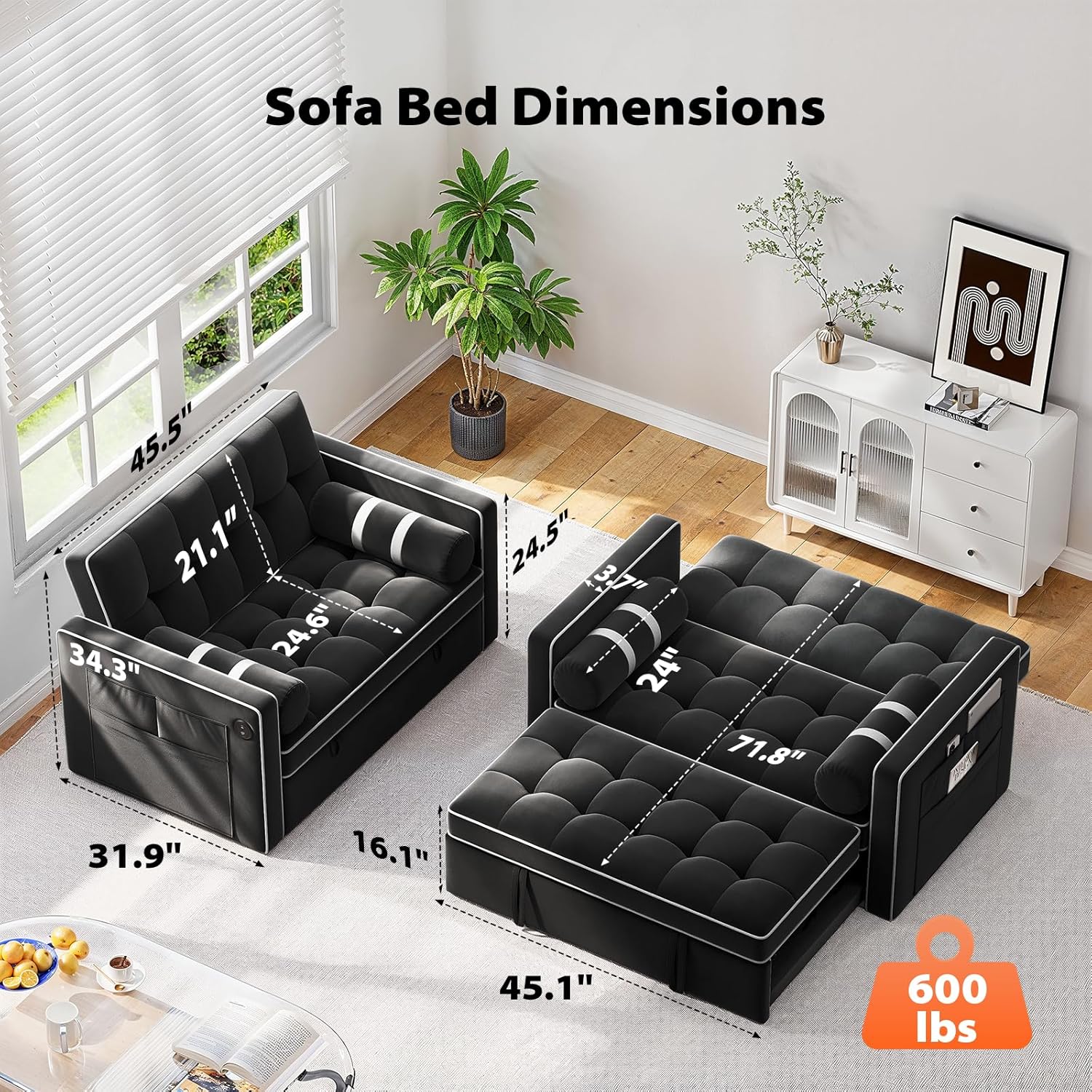 Pipishell 3 in 1 Sleeper Sofa Bed, Pull Out Couch for Living Room with USB Ports & Side Pockets, Adjustable Backrest, Convertible Loveseat Sofa Bed, Futon Couches, Charcoal Black Velvet