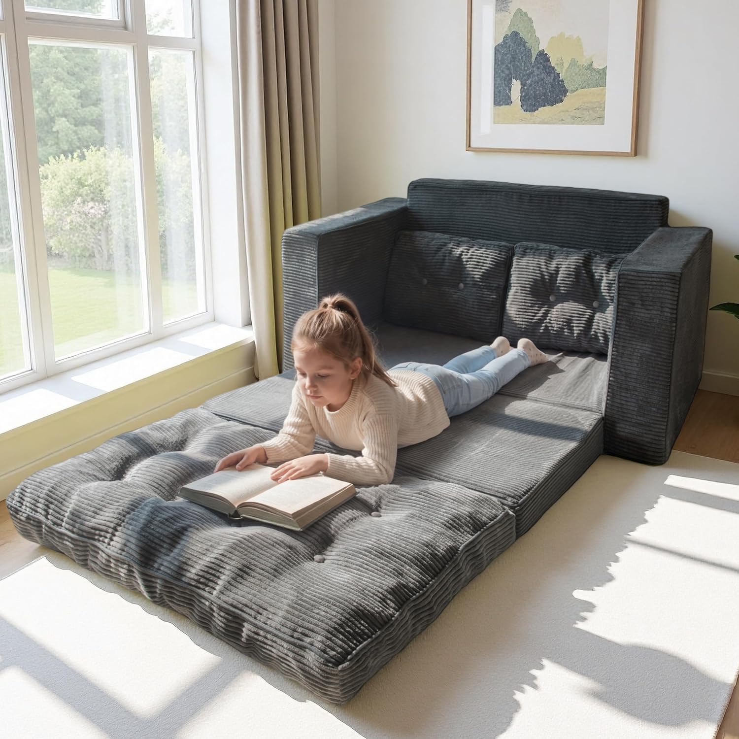 MAXYOYO Convertible Sofa Bed, Pull Out Loveseat Sleeper Sofa, 2 in 1 Folding Couch Bed, Fold Out Floor Couch with Pillows for Living Room Bedroom Lounge, Dark Grey