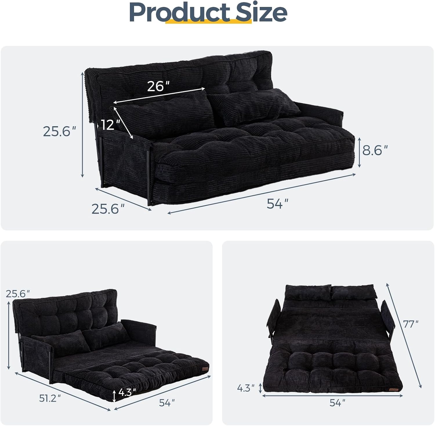 MAXYOYO Adjustable Floor Sofa Couch with 2 Pillows, Multi-Functional Bean Bag Bed, 5-Position Foldable Lazy Sofa Sleeper Bed with Armrest, Versatile Floor Seating for Reading, Black, Double