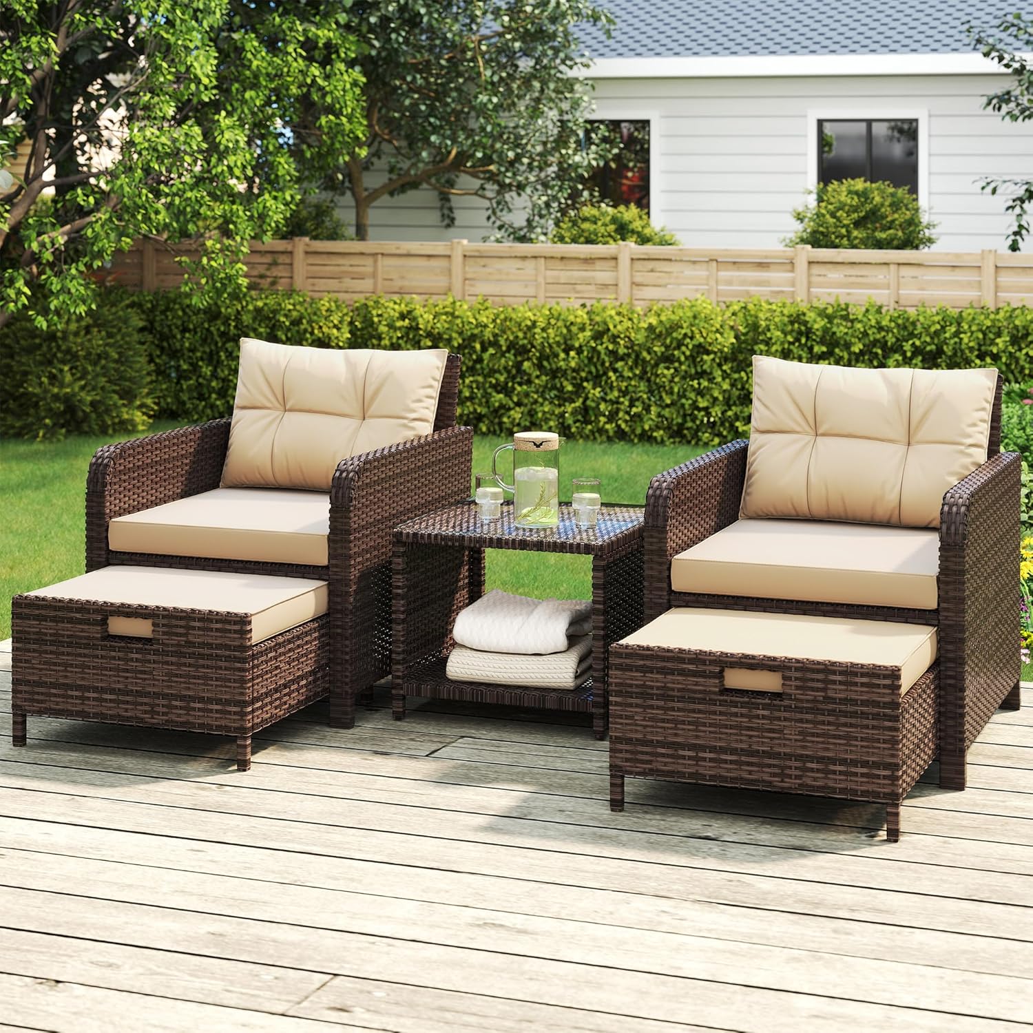 LHBcraft Outdoor Furniture 5 Piece Patio Conversation Set, PE Rattan Patio Set with Soft Cushions & Coffee Table, Outdoor Furniture with Hidden Ottoman for Porch, Lawn, Garden, Balcony, Brown