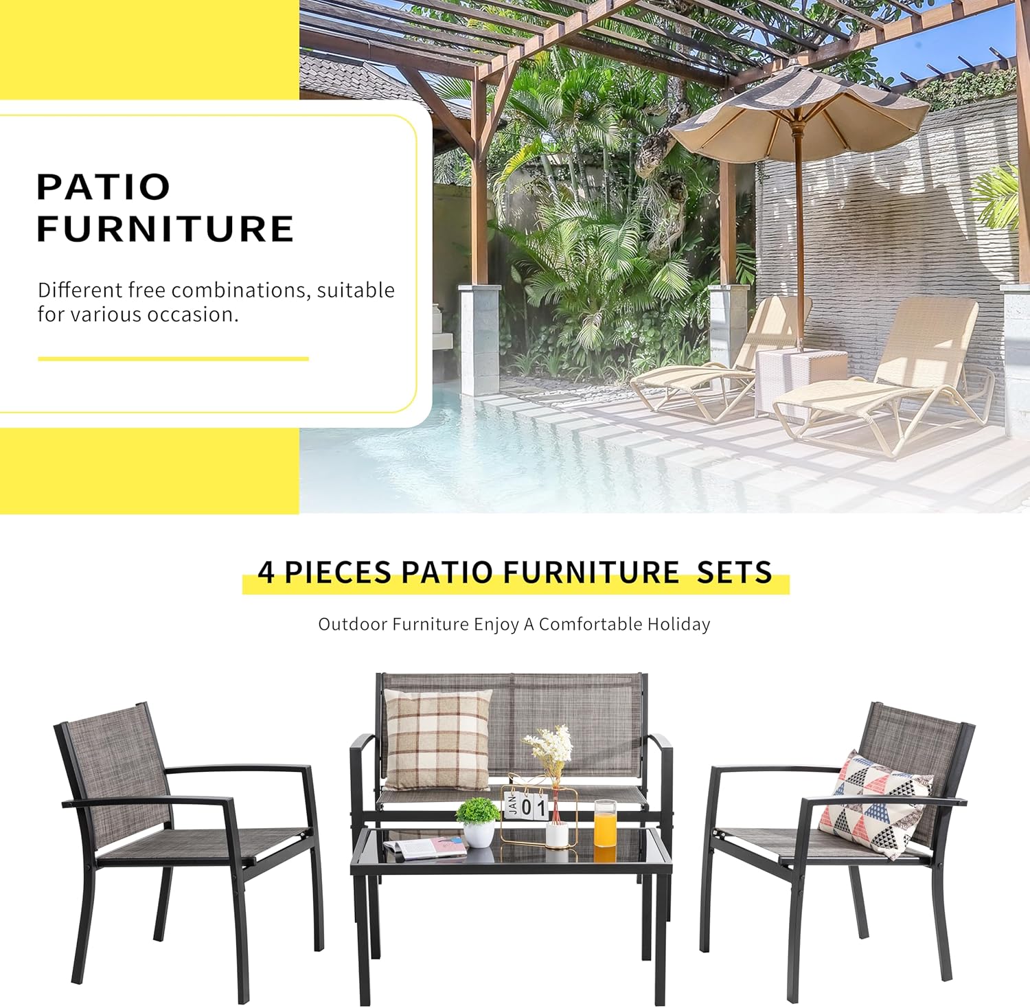 Shintenchi 4 Pieces Patio Furniture Set All Weather Textile Fabric Outdoor Conversation Set, with Glass Coffee Table, Loveseat, 2 Single Chairs for Home, Garden, Lawn, Porch (Light Brown)