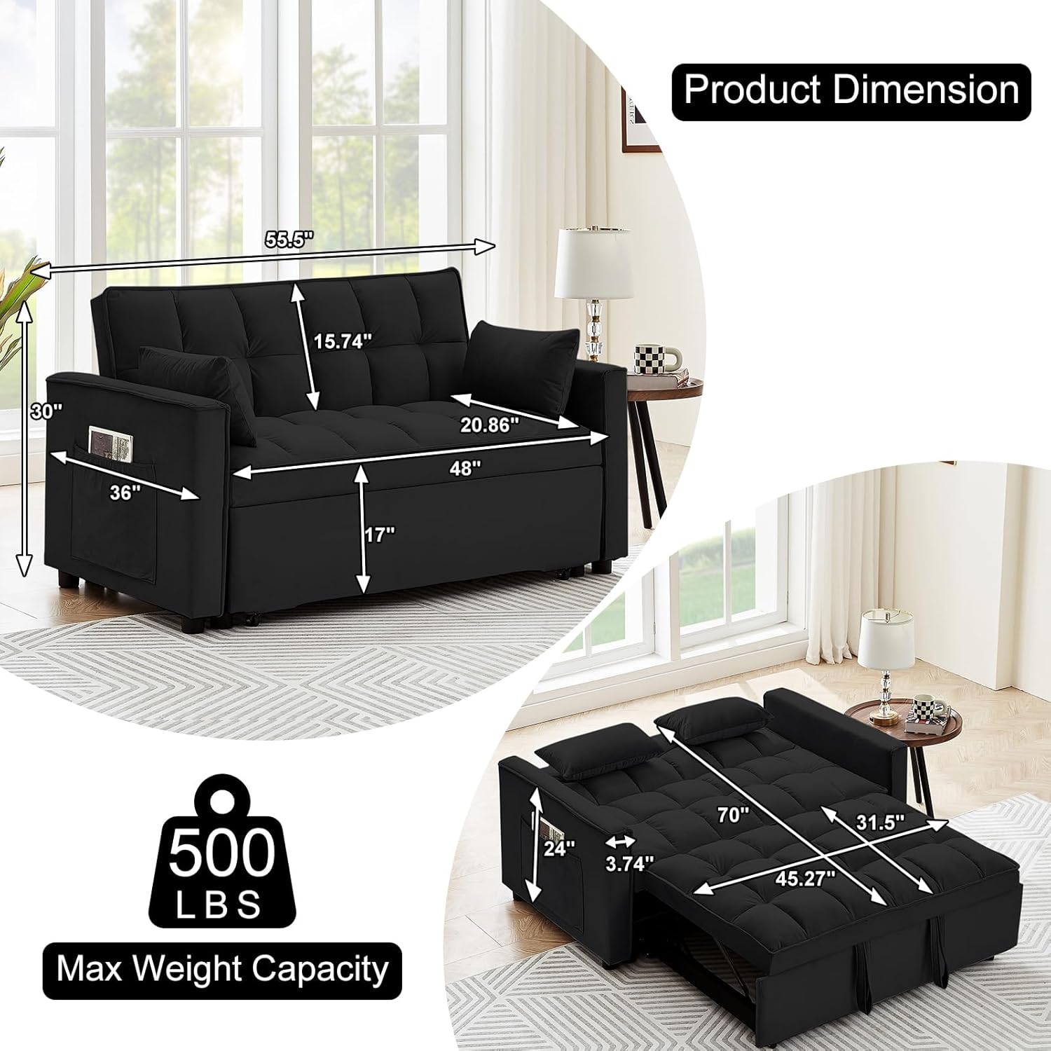 3 in 1 Convertible Sleeper Sofa Bed, 55