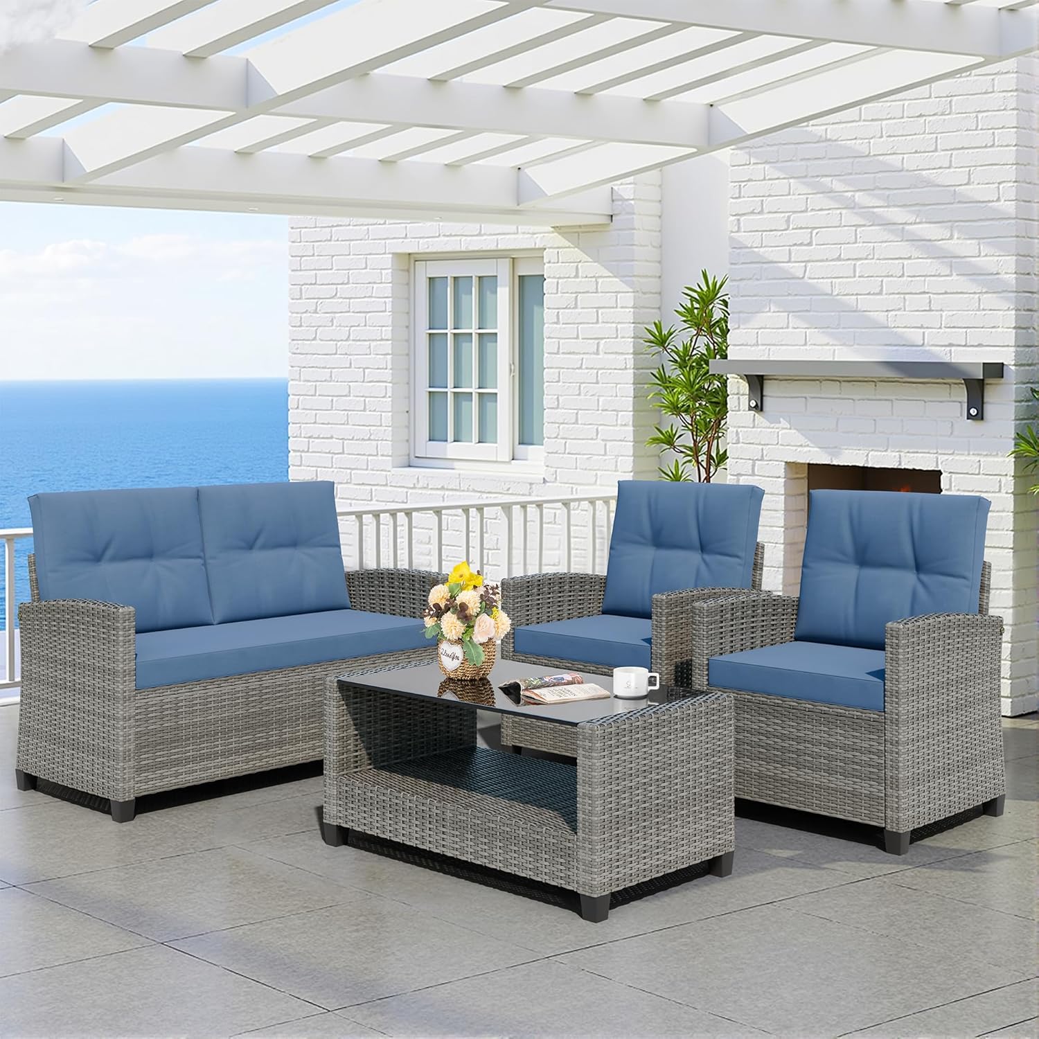 Shintenchi 4 Piece Patio Furniture Set, Outdoor Rattan Conversation Set with Coffee Table, Outside Wicker Sectional Sofa Couch with Cushions, Gray and Blue
