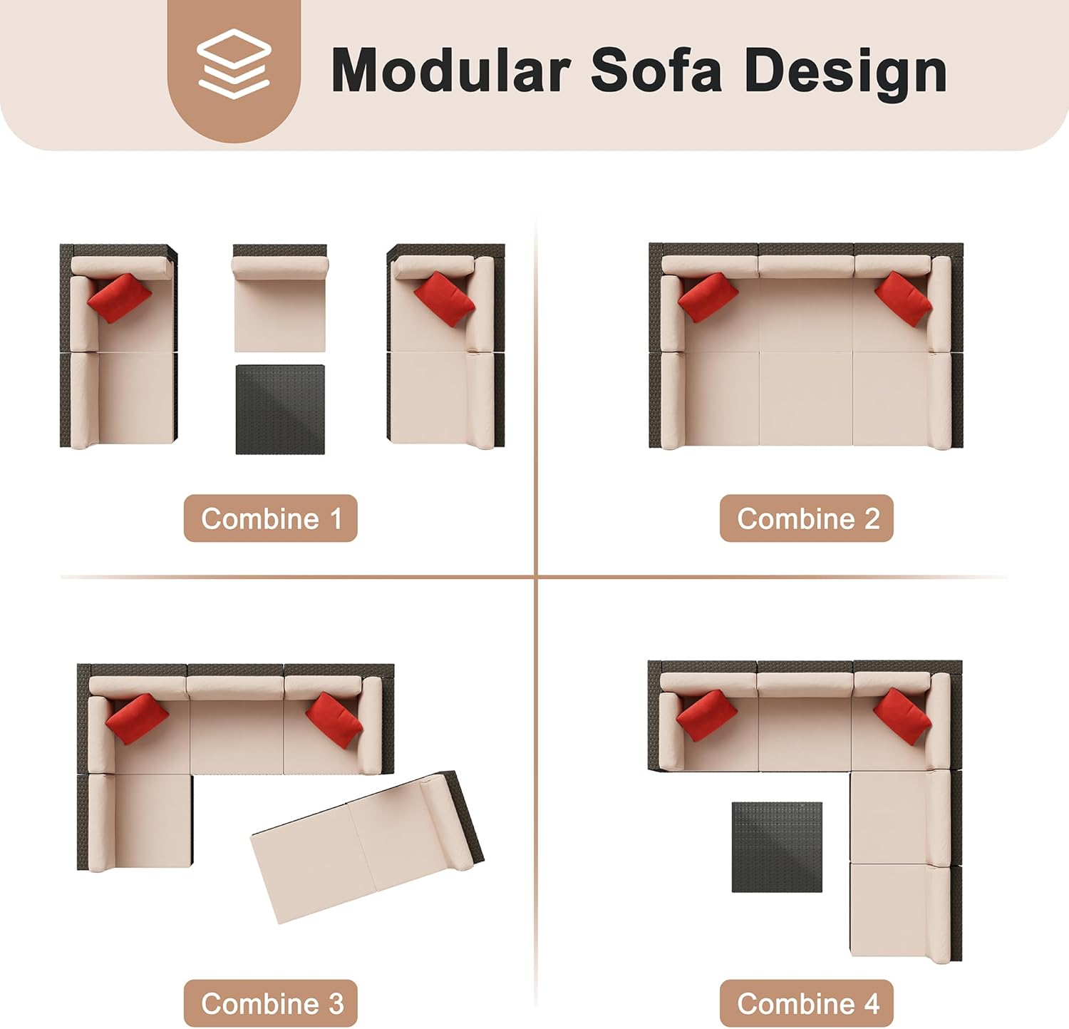 Shintenchi 6 Pieces Patio Furniture Sets Outdoor All-Weather Sectional Patio Sofa Set PE Rattan Hand-Woven Wicker Patio Conversation Set with Glass Table & Ottoman Cushion and Red Pillows, Beige