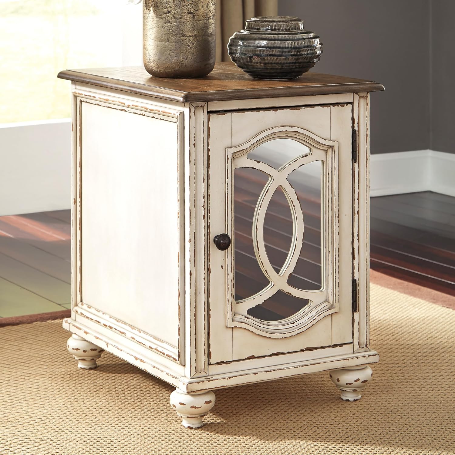 Signature Design by Ashley Realyn Farmhouse Chair Side End Table with Storage Cabinet, Antique White & Brown