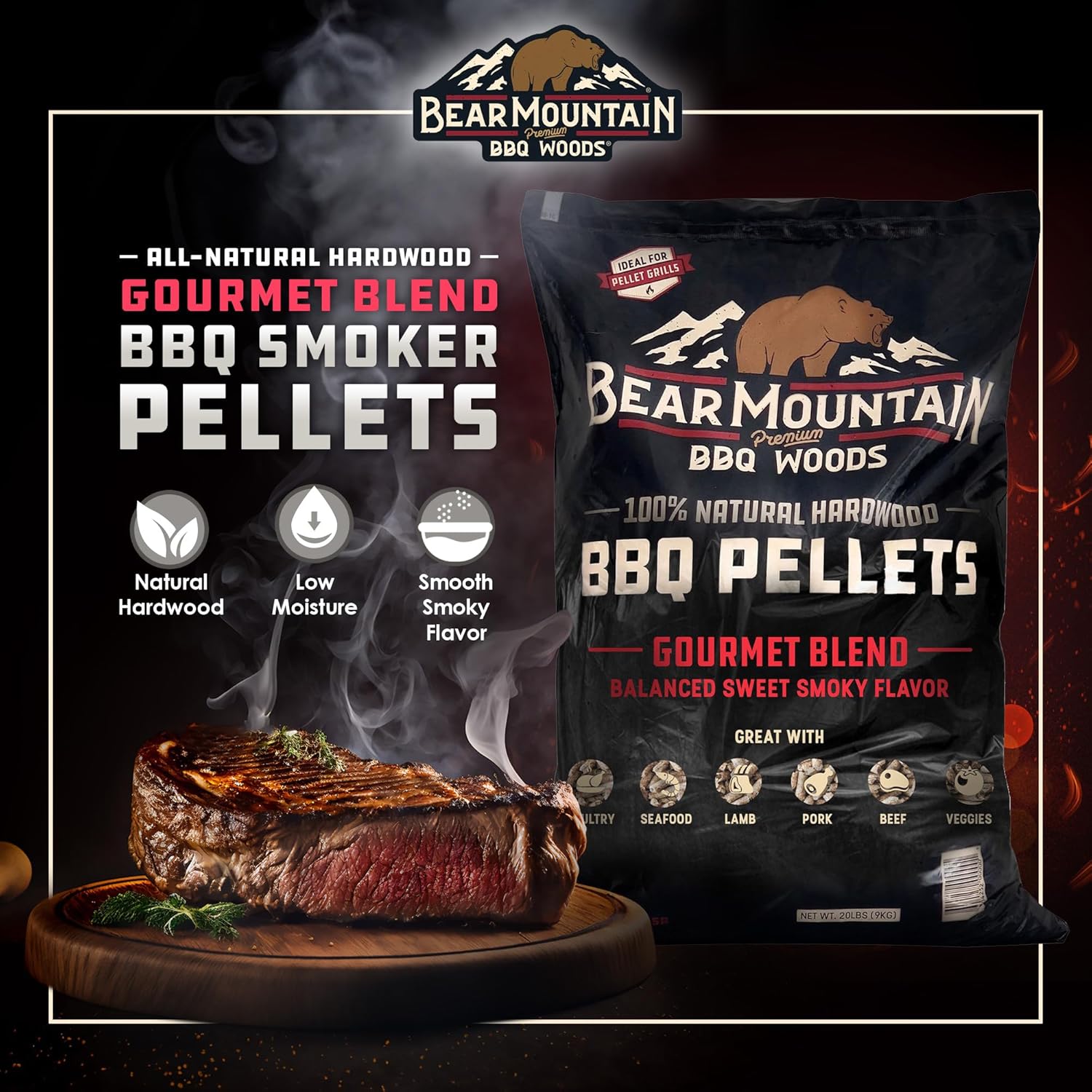 Bear Mountain 2-Pack Wood Pellets for Smoker, Grill & BBQ, 20 Lbs, Gourmet Blend - Premium Hardwood Barbecue Pellets for Indoor and Outdoor Grilling