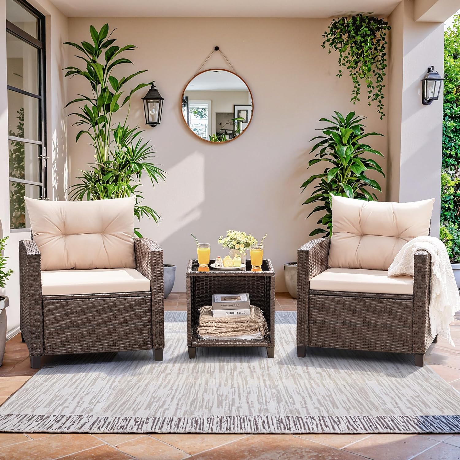 Devoko 3 Pieces Patio Furniture Set, PE Rattan Wicker Patio Set with Two Outdoor Chairs and Table, Upgraded Patio Chairs and Table for Porch, Garden, Poolside, Balcony