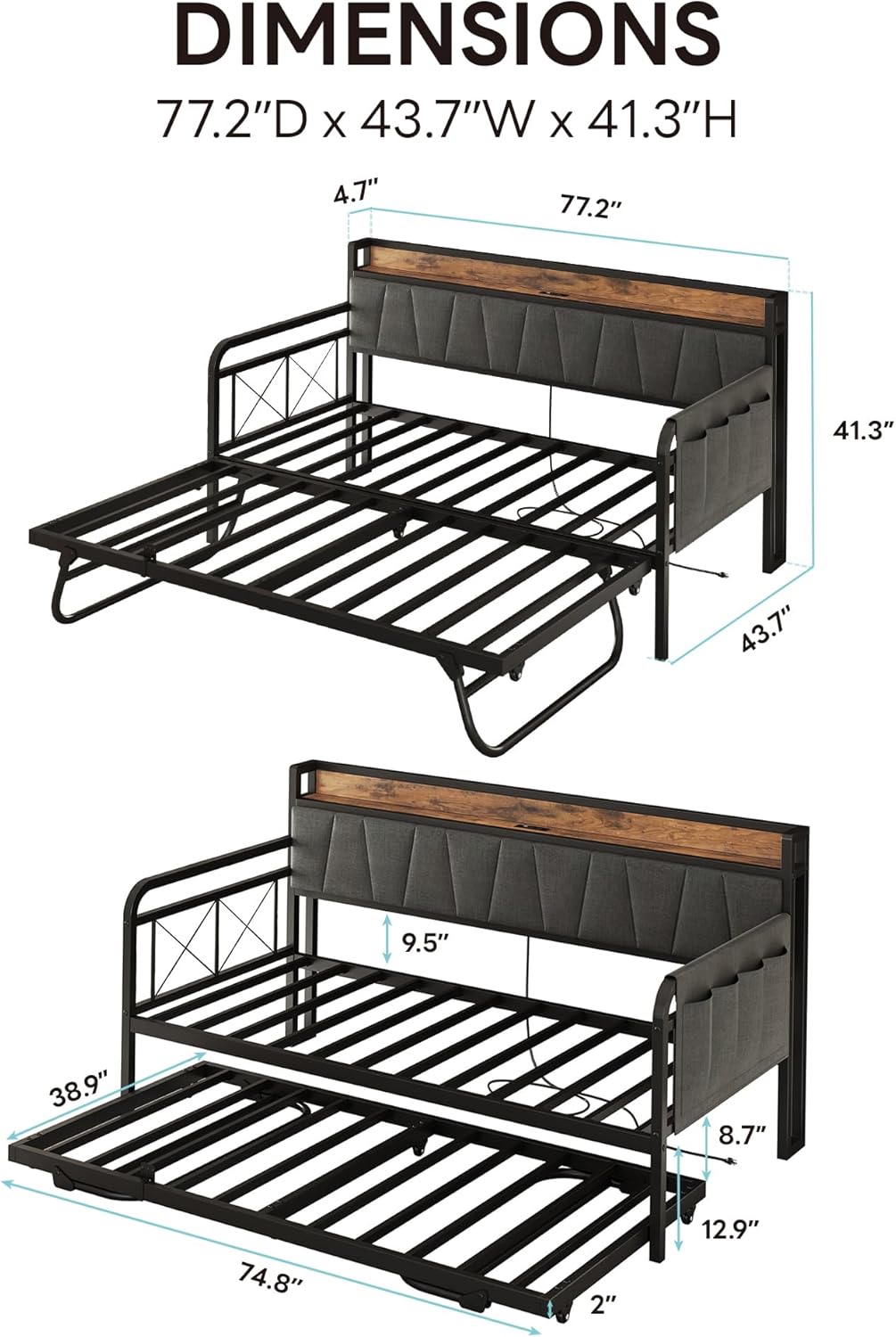 LIKIMIO Daybed with Trundle Bed, Twin Bed Frame with Storage Headboard and Charging Station, Sofa Day Bed with Strong Supports for Living Room, Bedroom, and Guest Room, Grey