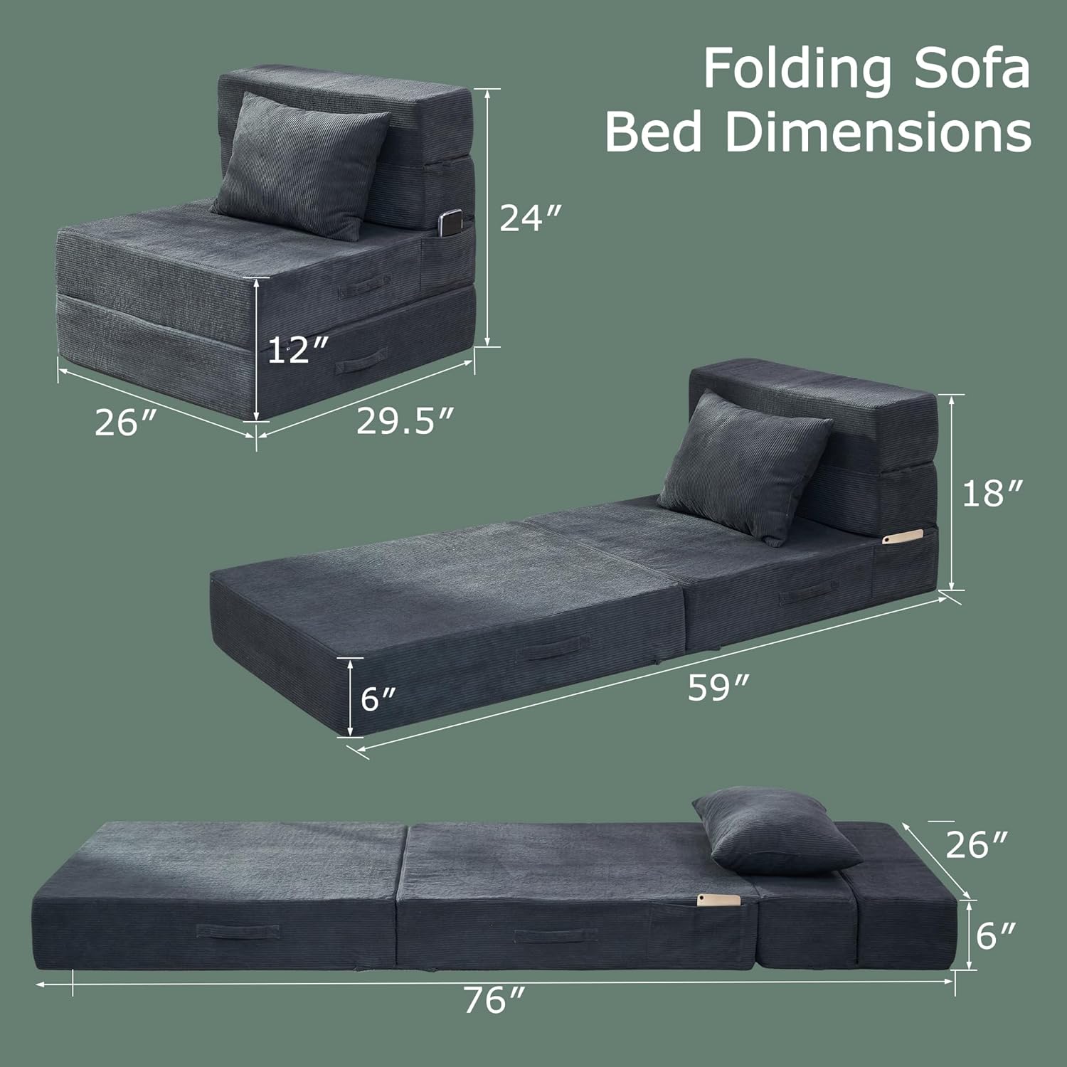 Folding Sofa Bed, 4 in 1 Convertible Sleeper Chair with Pillow, Single Memory Foam Fold Out Chair Bed, Modern Floor Futon Sofa Couch Mattress for Living Room/Guest/Apartment, Dark Grey
