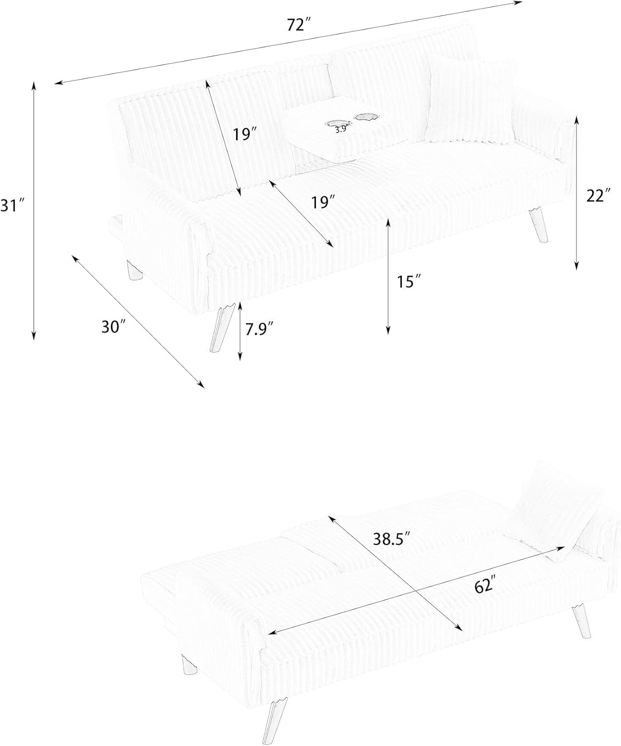 ERYE 72-Inch Plush Corduroy Upholstered Futon Sofa Bed for Bedroom Living Room, Modern Convertible Futon Loveseat Sleeper Sofa Bed with Adjustable Backrest and Cupholders| Easy to Assemble