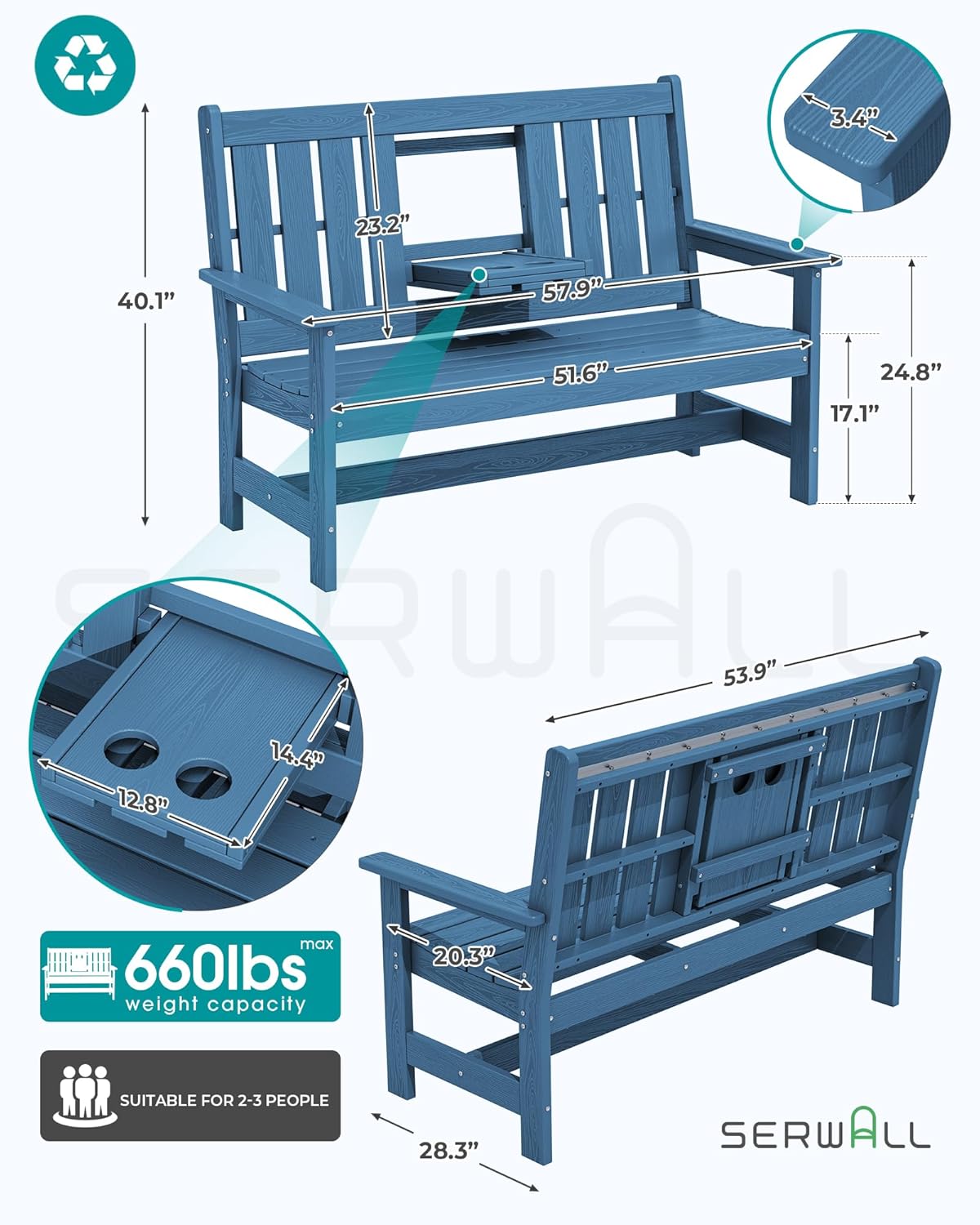 SERWALL Outdoor Bench with Cup Holder, 58