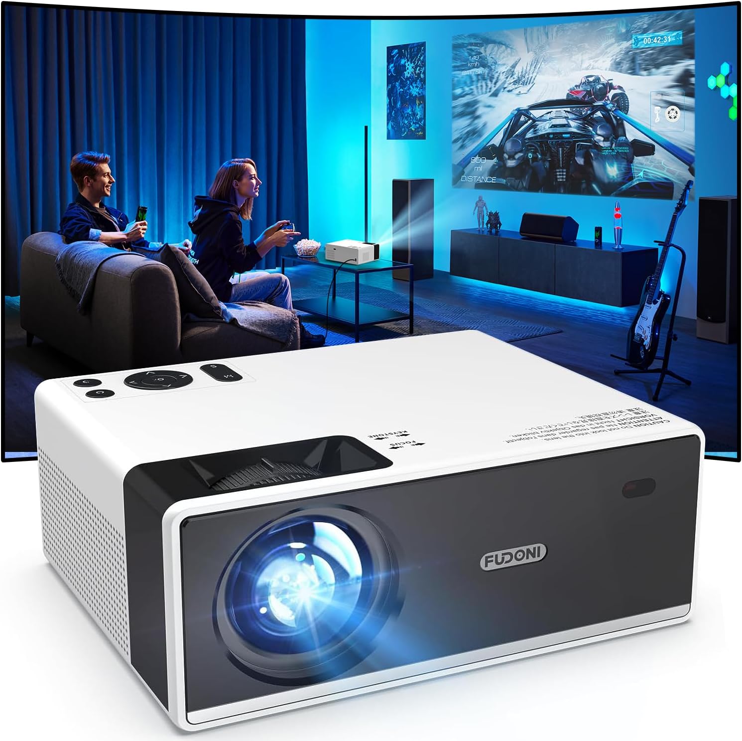 FUDONI Projector with WiFi and Bluetooth 4K Support, 300ANSI Outdoor Indoor Projector FHD 1080P Max 300