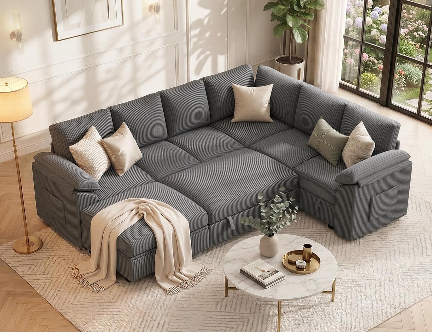 108 Inch Sectional Sleeper Sofa Bed with Pull Out Couch, U Shaped 7 Seat Cloud Modular Sectional Sofa with Storage, Corduroy Sectional Couches for Living Room, Removable Sofa Cover, Dark Grey