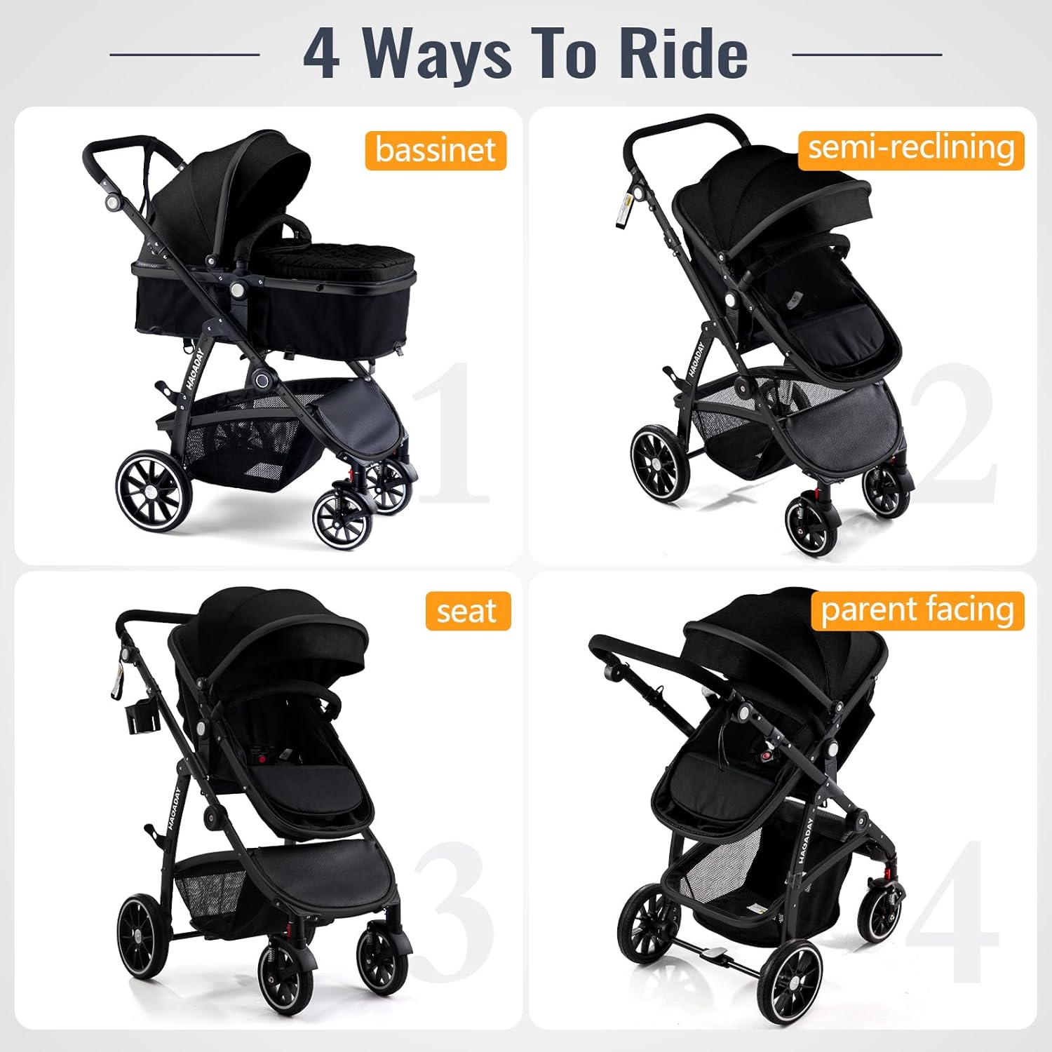 Baby Stroller, 2-in-1 Reversible Toddler Seat with Reclining Mode, Foldable Infant Stroller with Canopy, One-Button Brake, Adjustable Handle, Newborn Pushchair (Black B)