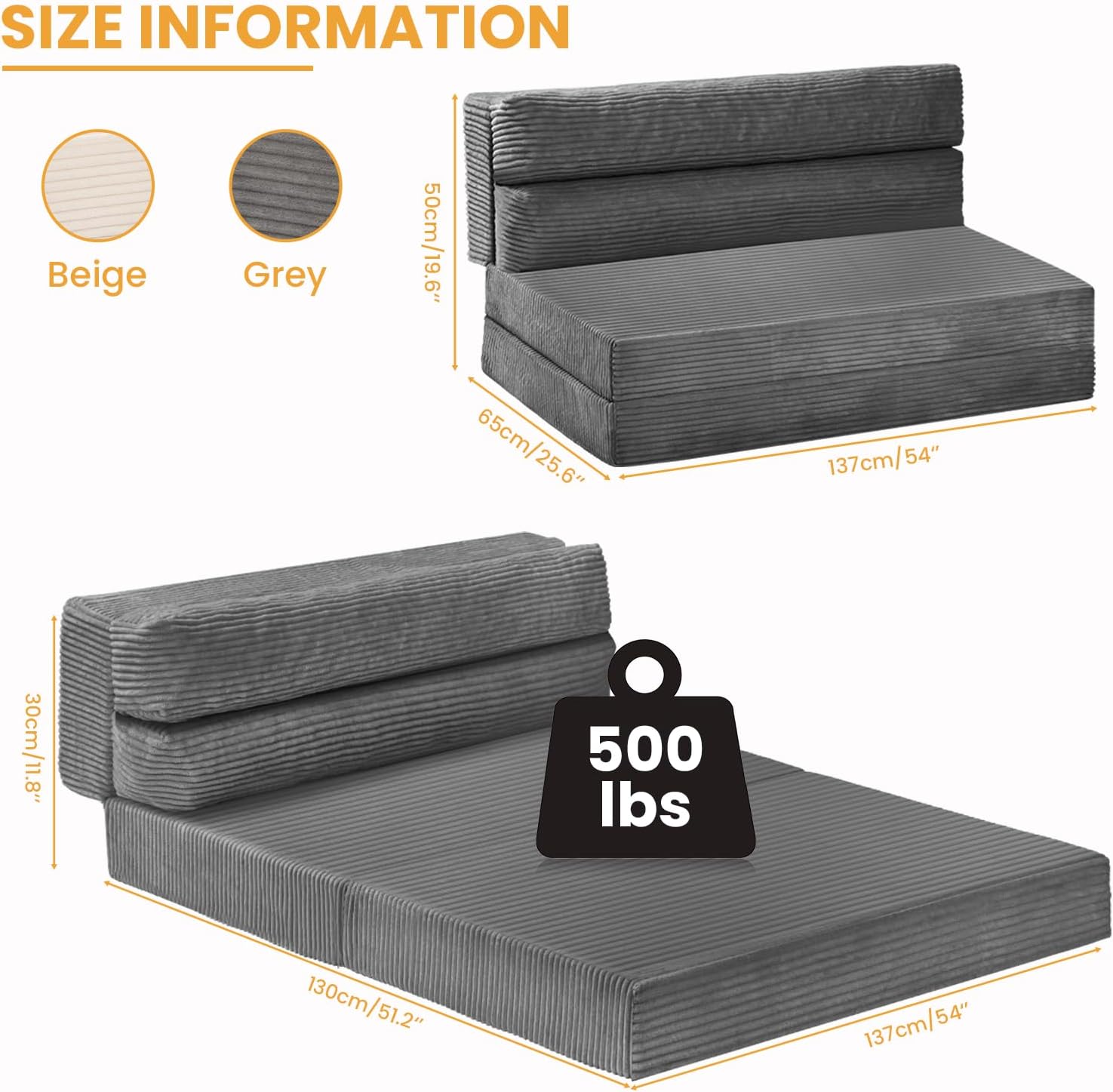 Folding Mattress, 3 in 1 Convertible Sofa Bed Fold Out Couch Bed Floor Couch Lounge Sleeper Mattress for Living Room, Guest Room (Grey, Full)