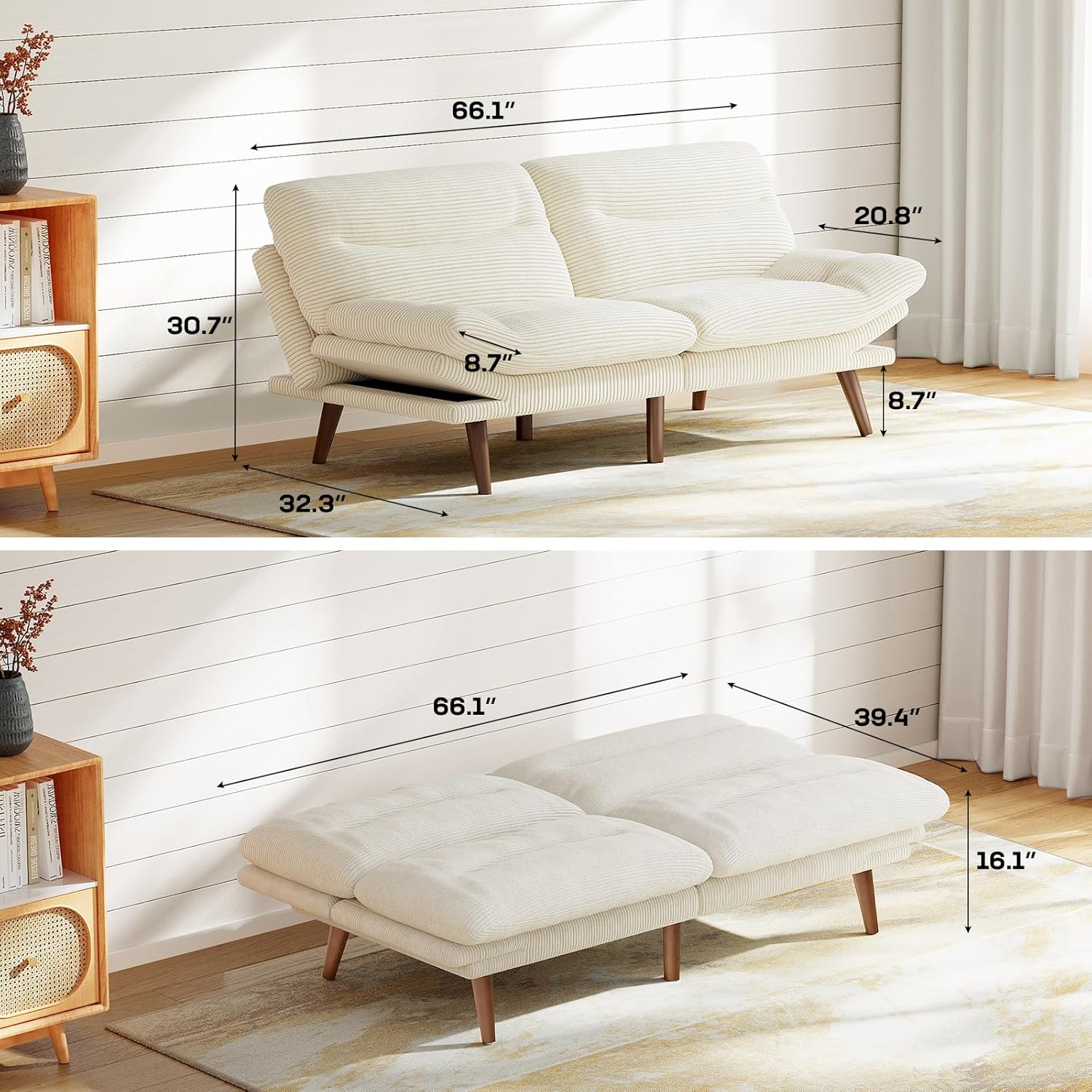 Marsail Futon Sofa Bed, Corduroy Futon Couch with Adjustable Backrest & Armrests, Convertible Small Sleeper Sofa Bed for Small Apartments, Study Room, Office, White