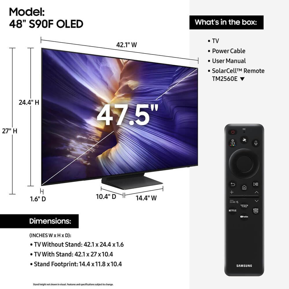 SAMSUNG 48-Inch Class OLED S90F 4K Smart TV (2025 Model) NQ4 AI Gen3 Processor, 4K AI Upscaling Pro, OLED HDR+, Motion Xcelerator 144Hz, Samsung Vision AI, Alexa Built-in
