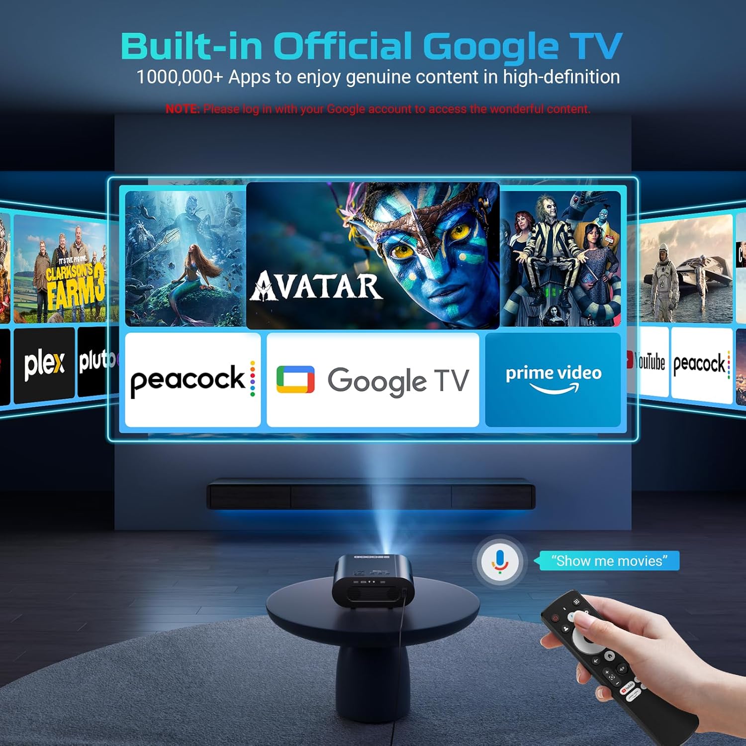 [Google TV/Voice Control]GooDee 4K UHD Smart Projector with WiFi and Bluetooth, Portable Movie Projector Compatible with Prime Video, YouTube Built-in, Dolby Sound Home Theater for Indoor/Outdoor