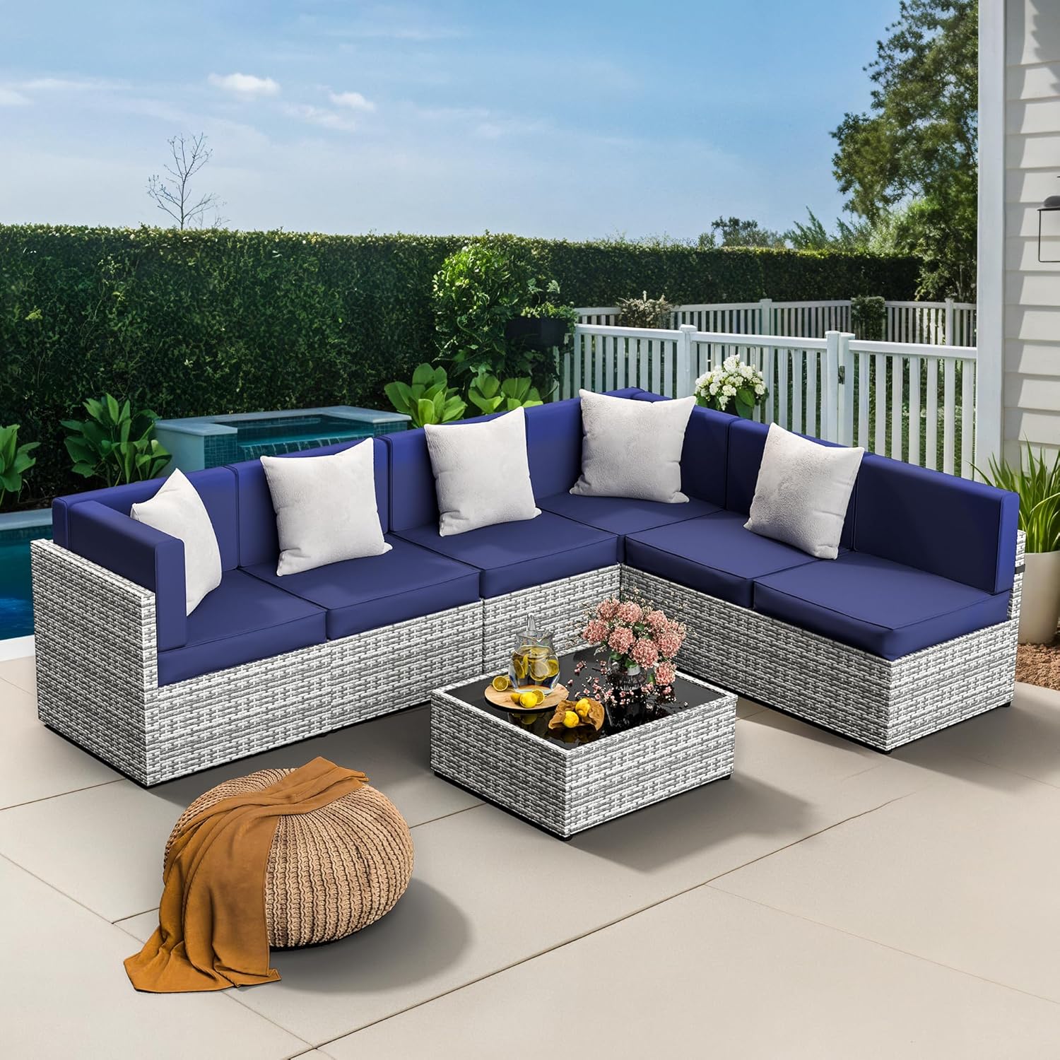 Pamapic 7 Piece Outdoor Sectional Sofa Set, All-Weather Patio Furniture with Washable Cushions, Waterproof Gray Rattan Wicker Conversation Set for Backyard, Poolside, Garden (Navy Blue Cushions)