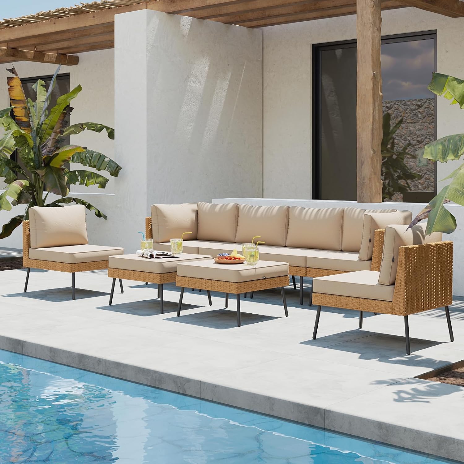 Aoxun 8 Piece Patio Furniture Set, 8 Seats Outdoor Sectional Sofas with Thick Cushions, Wicker Patio Outdoor Furniture Set with Ottomans for Party, Garden, Backyard, Beige