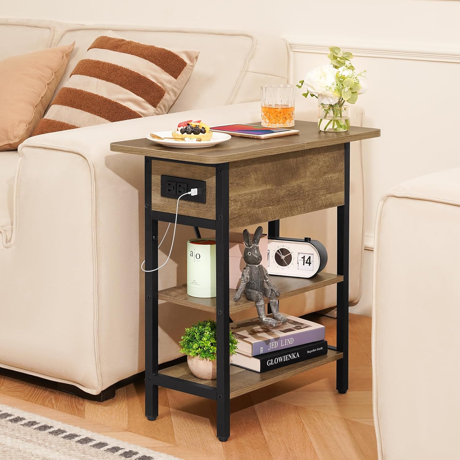 Yoobure End Table with Charging Station, Flip Top Side Table with USB Ports and Outlets, Sofa Couch Table Bedside Table for Living Room Bedroom, Narrow Nightstand with Storage Shelves for Small Spaces