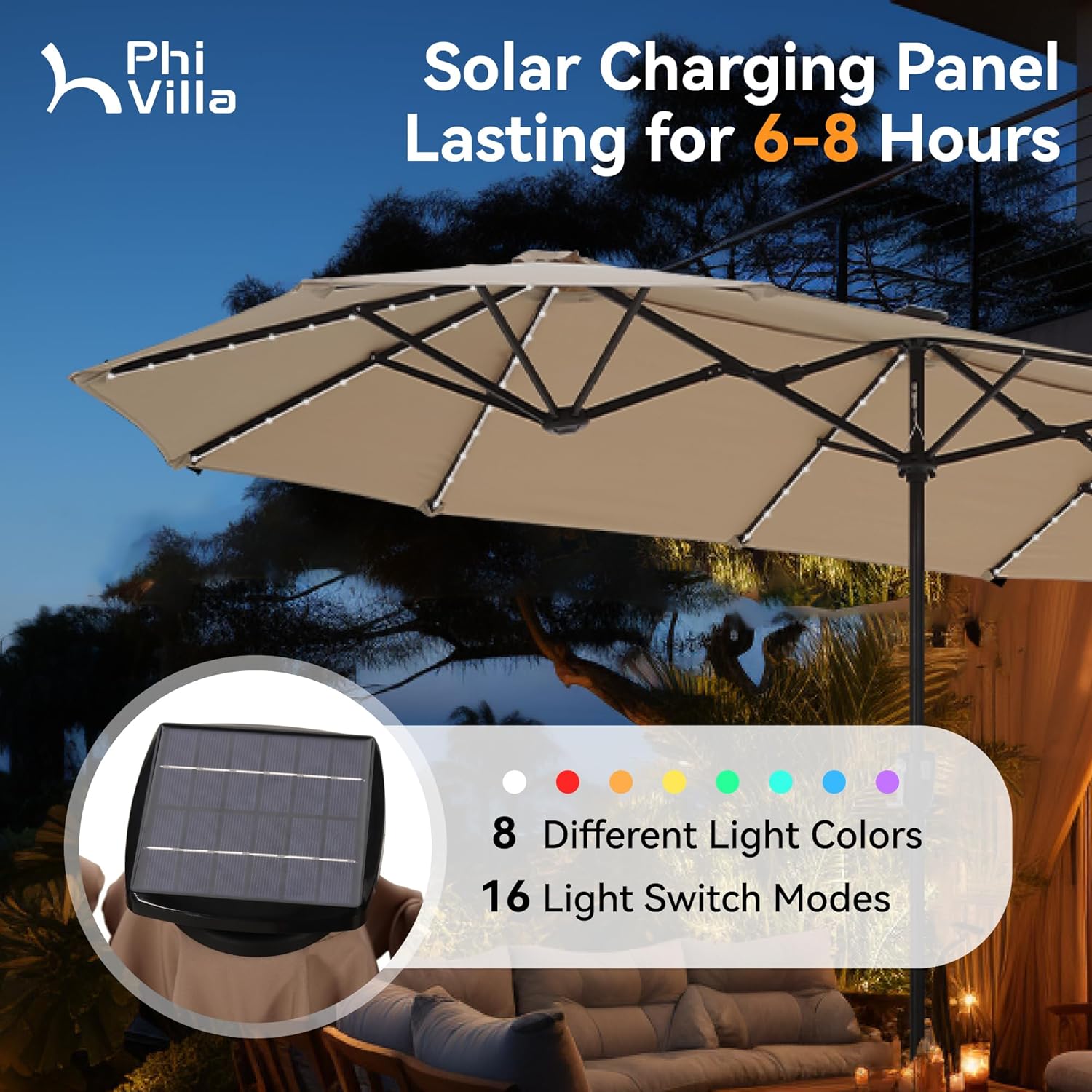 PHI VILLA 13ft Patio Umbrella with Solar-Powered 120 PCS LED Color-Changing Lights, Triple-Head Large Rectangle Umbrella Outdoor Patio for Table with Crank Lift, Beige (No Base)