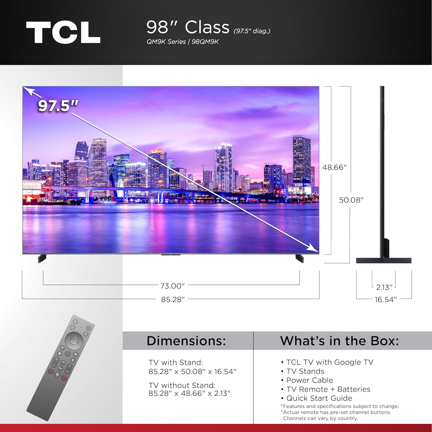 TCL 98 Inch Class QM9K Series| Mini LED QLED 4K| 98QM9K, Latest Model| 144HZ Peak Brightness & Contrast Dolby Vision| Up to LD6K Precise Dimming| AI Smart Google TV| Dolby Atmos Bang & Olufsen