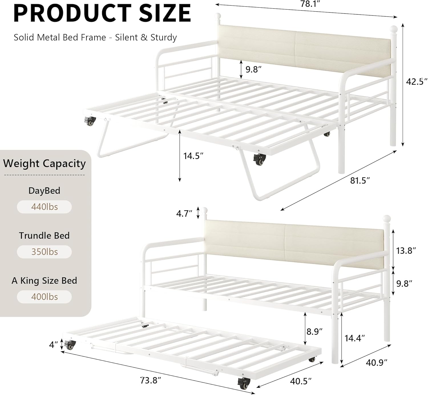 Einhomn Daybed with Trundle, Metal Twin Bed Frame with Upholstered Headboard & Charging Station, Modern Sofa Bed with Steel Slat Support for Living Room, Bedroom, Guest Room, White