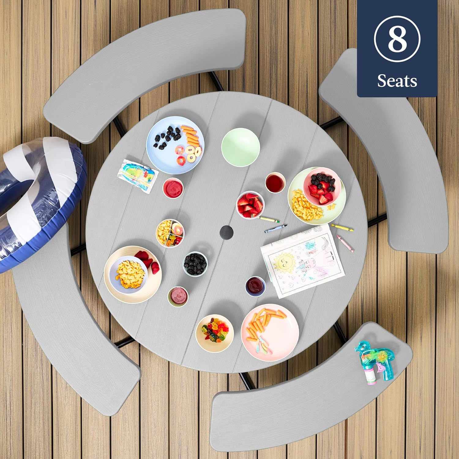 Best Choice Products 8-Person Outdoor Bench Patio Picnic Table, Circular with 4 Built-in Benches and Umbrella Hole, 2000lb Capacity - Light Gray